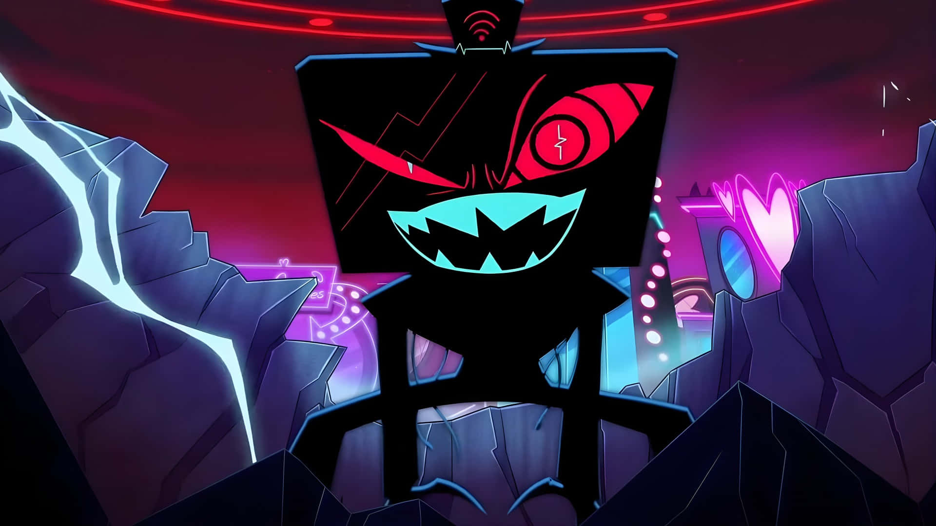 Vox Hazbin Hotel, black cartoon robot, glowing red eyes, Full HD Desktop Wallpaper