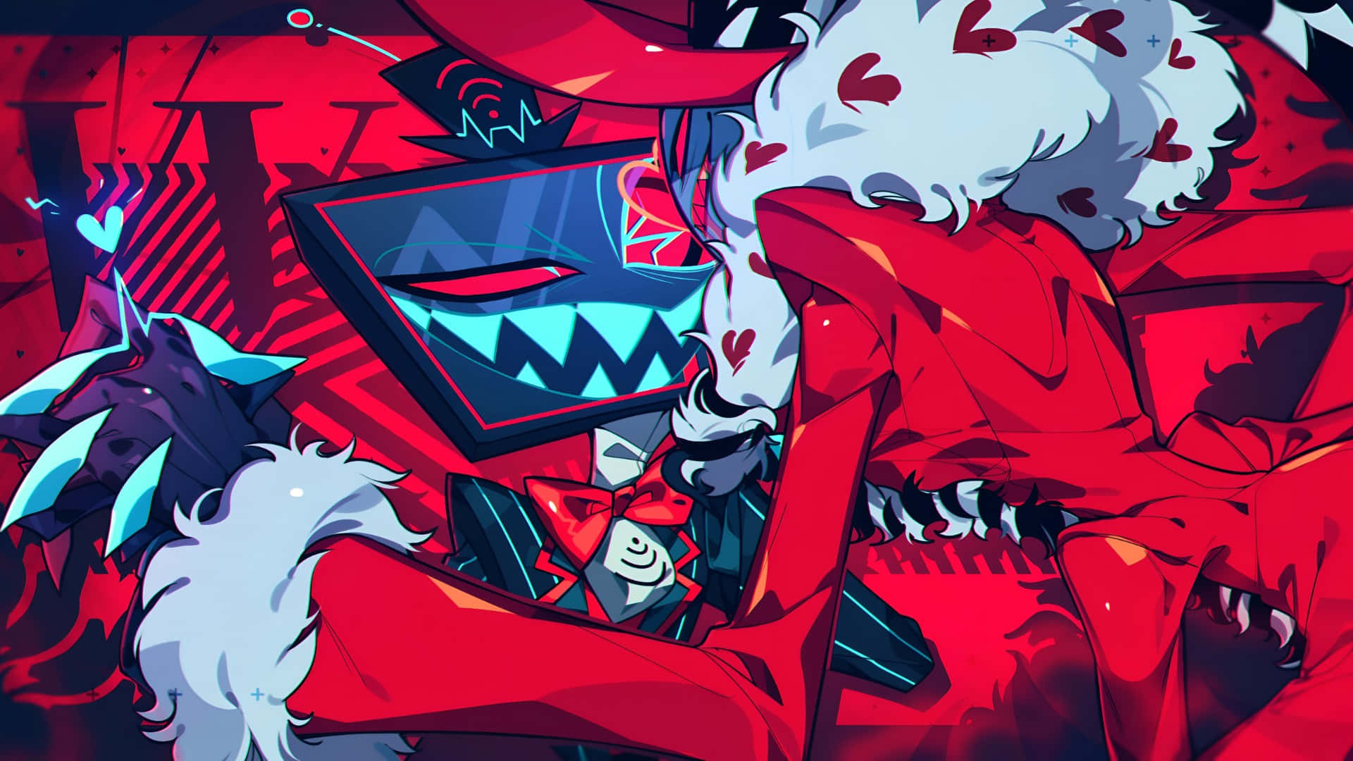 Vox Hazbin Hotel, white fur, red hearts, Full HD Desktop Wallpaper