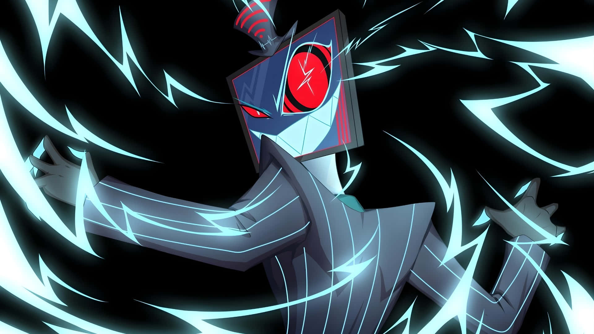 Vox Hazbin Hotel, red-eyed mask, glowing cyan energy streaks, Full HD Desktop Wallpaper