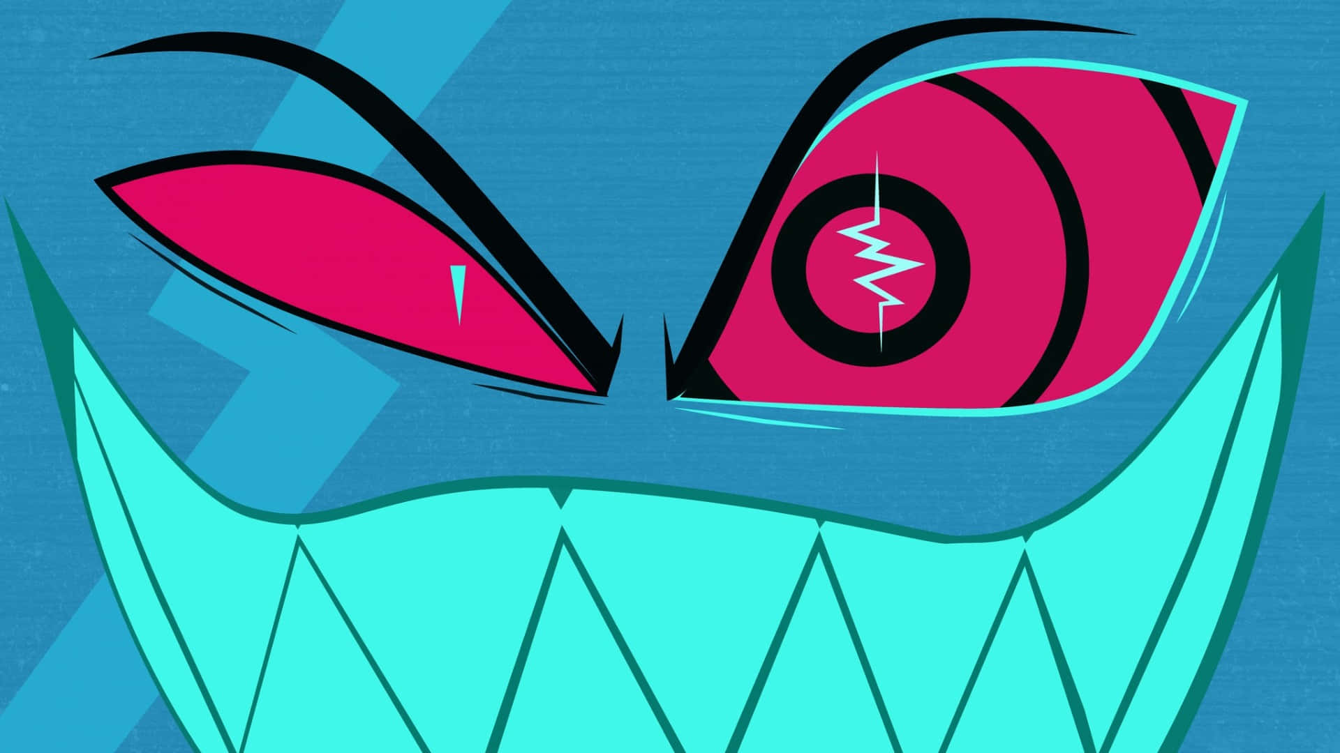 Vox Hazbin Hotel, glowing pink eyes, sharp teal teeth, Full HD Desktop Wallpaper