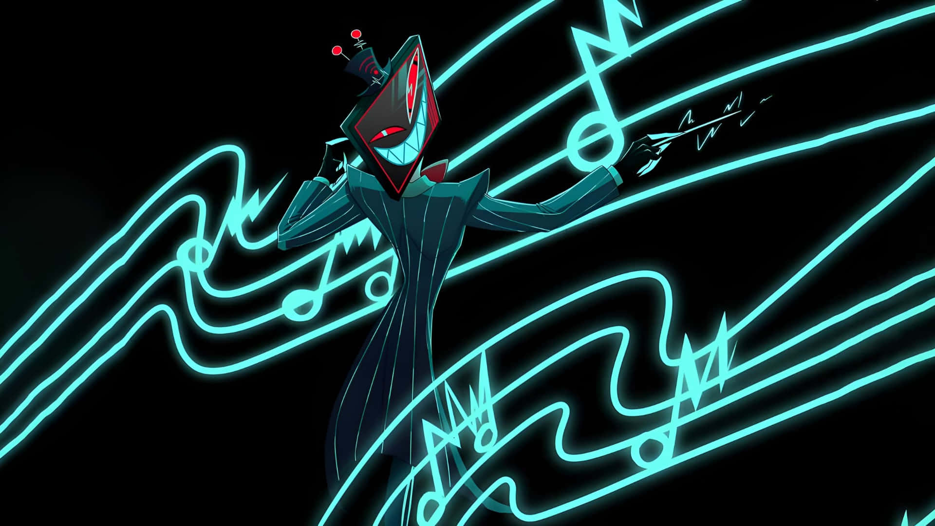 Vox Hazbin Hotel, red and black geometric head, glowing cyan musical notes, Full HD Desktop Wallpaper