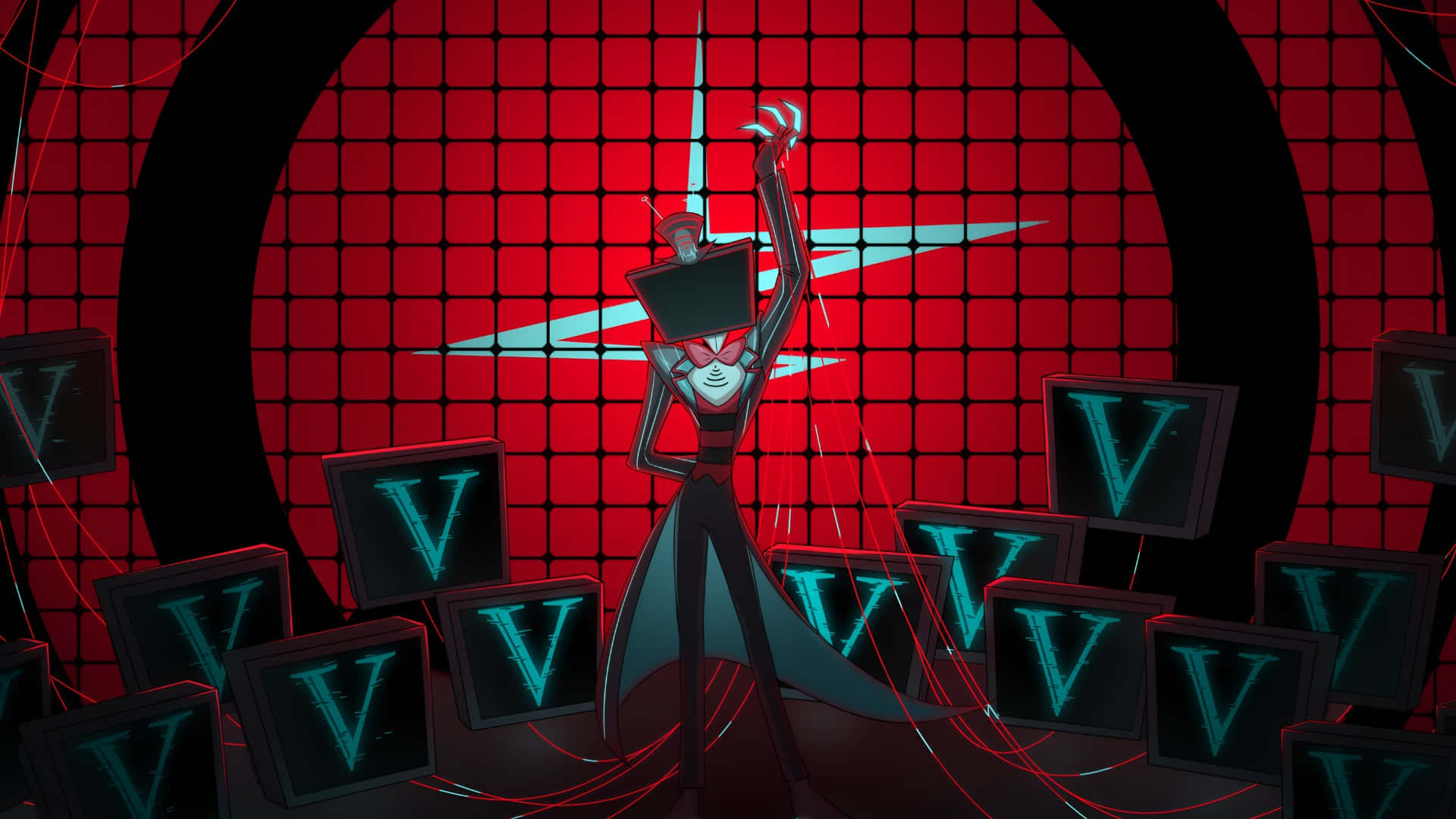 Vox Hazbin Hotel, red eyes, glowing blue V symbols, Full HD Desktop Wallpaper