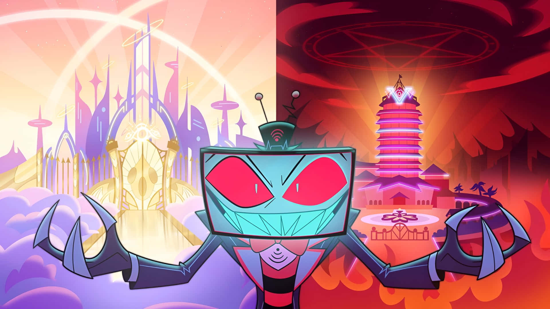 Vox Hazbin Hotel, red eyes, glowing golden castle, Full HD Desktop Wallpaper