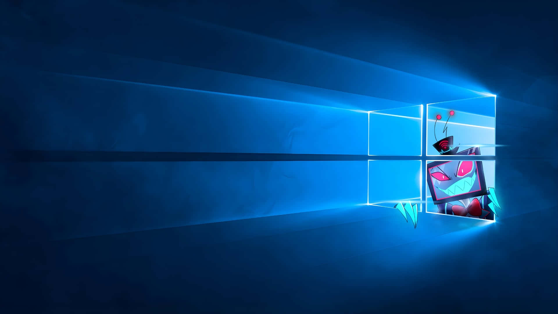 Vox Hazbin Hotel, glowing blue window pane, cartoonish robot, Full HD Desktop Wallpaper