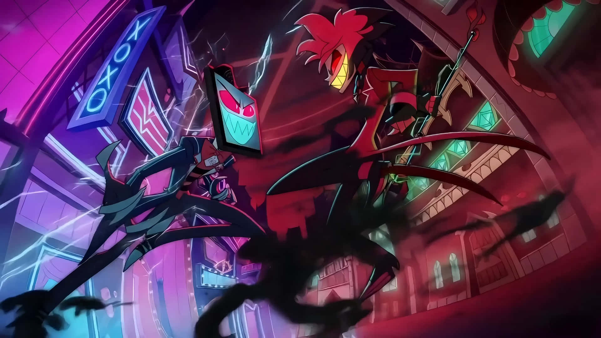 Vox Hazbin Hotel, neon-lit urban alley, glowing signs, Full HD Desktop Wallpaper