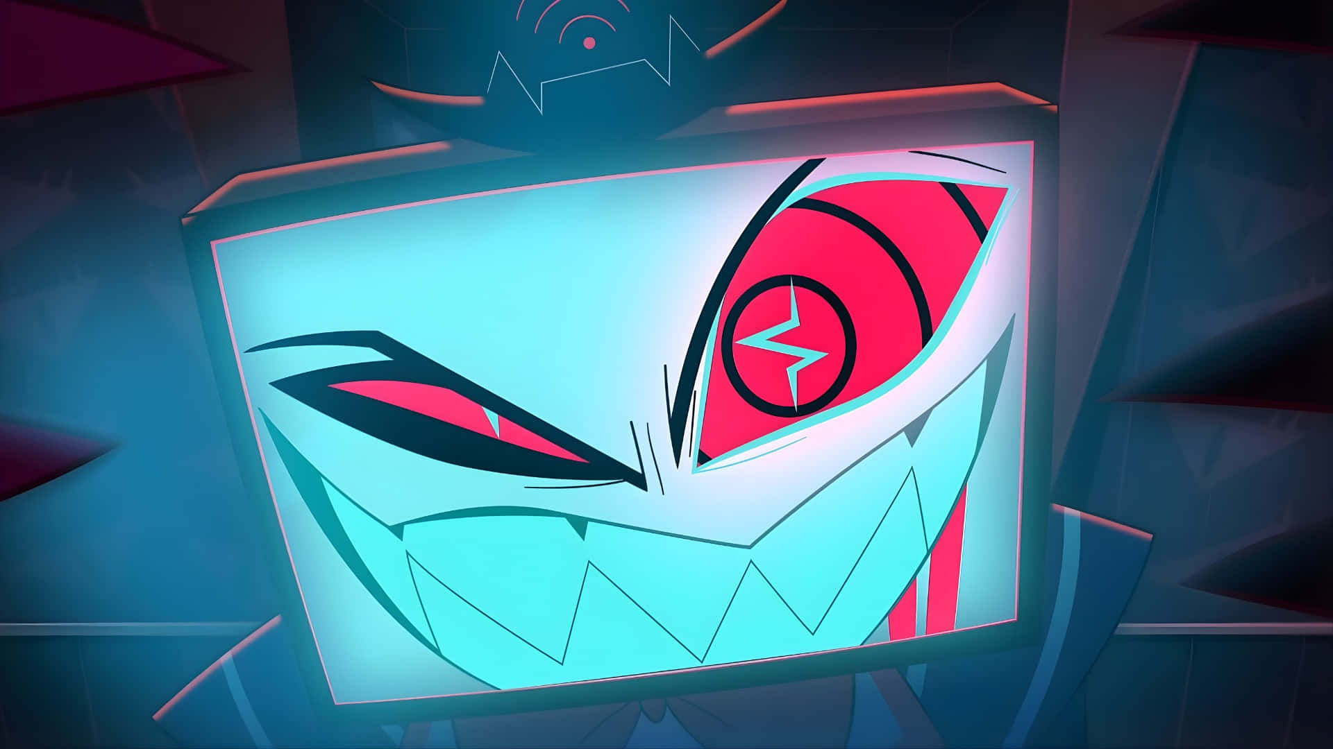 Vox Hazbin Hotel, glowing cyan face, single red eye, Full HD Desktop Wallpaper