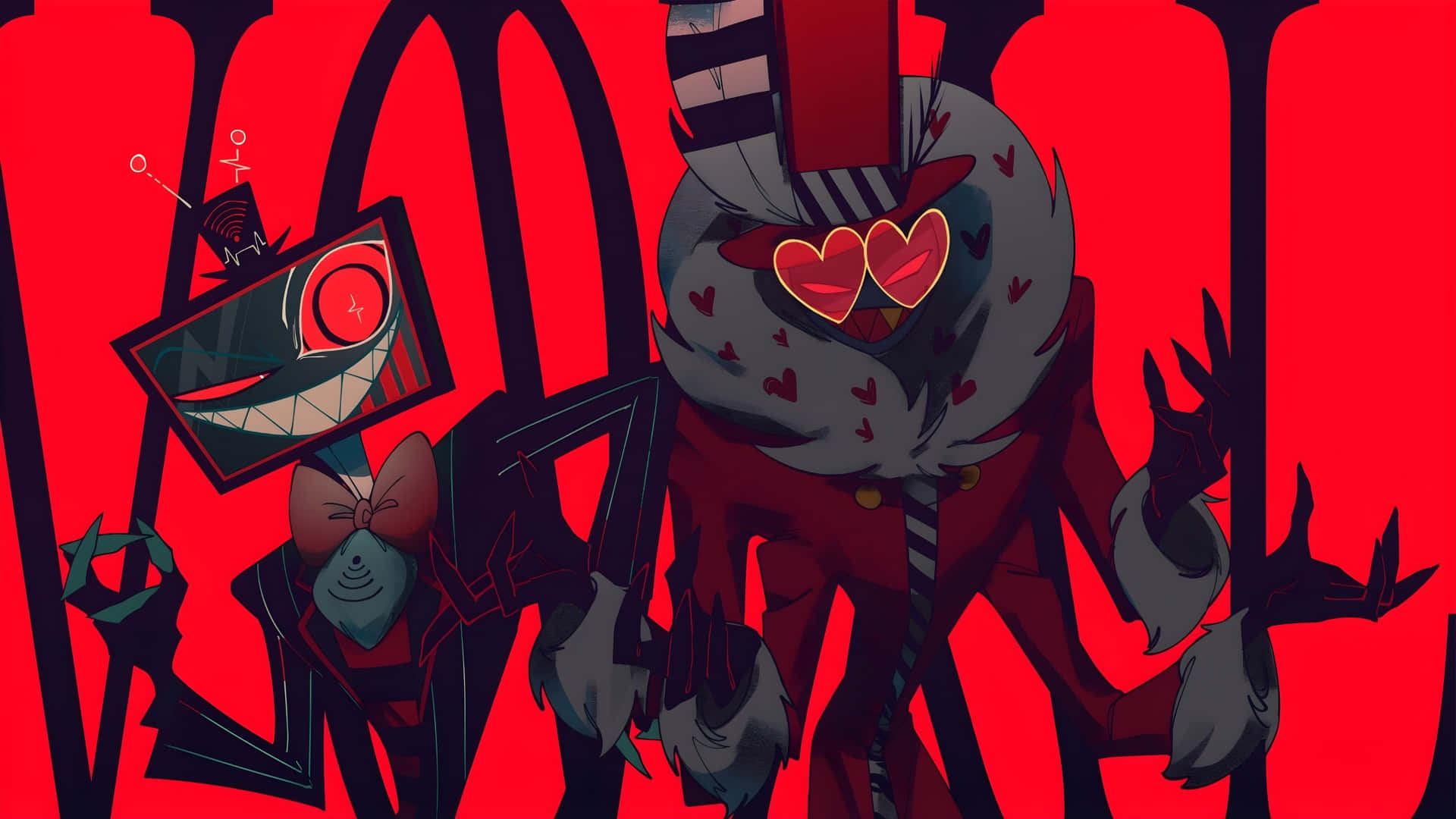 Vox Hazbin Hotel, heart-shaped eyes, red backgrounds, Full HD Desktop Wallpaper