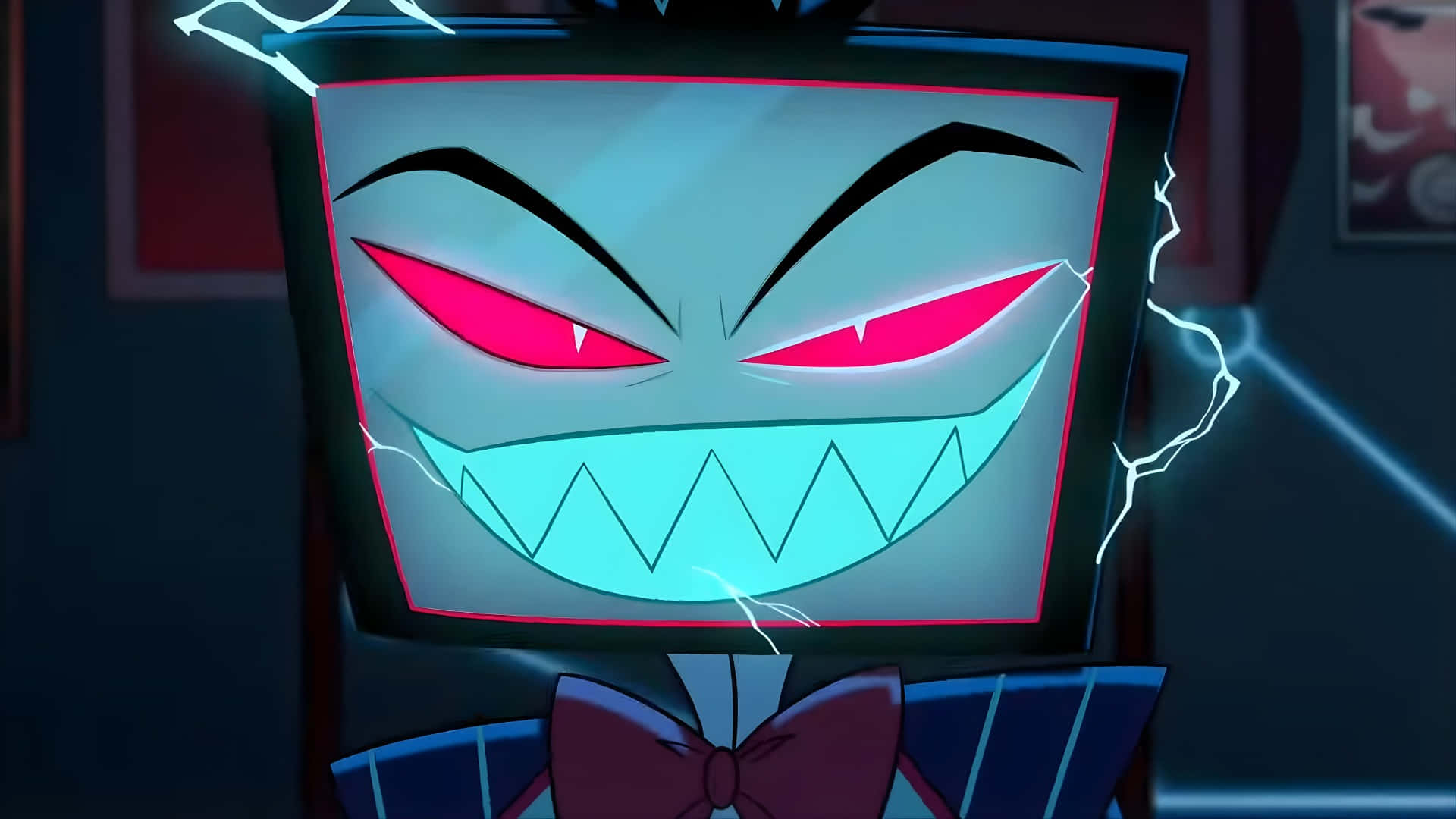 Vox Hazbin Hotel, glowing red eyes, jagged teeth, Full HD Desktop Wallpaper