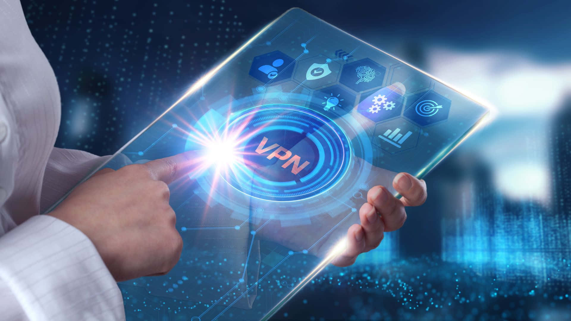 VPN, glowing transparent tablet, bright VPN interface, Full HD Desktop Wallpaper