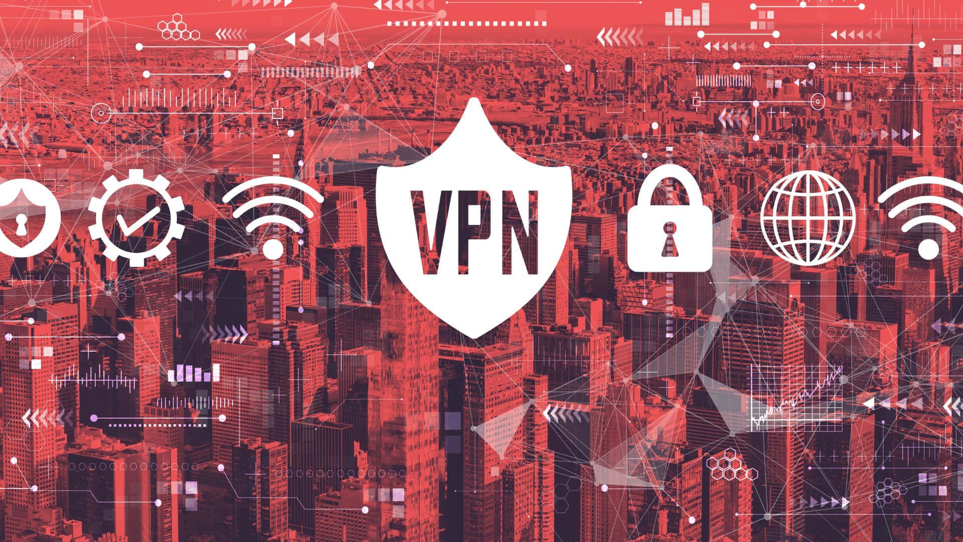 VPN shield, red-tinted cityscape, white VPN security icons, Full HD Desktop Wallpaper