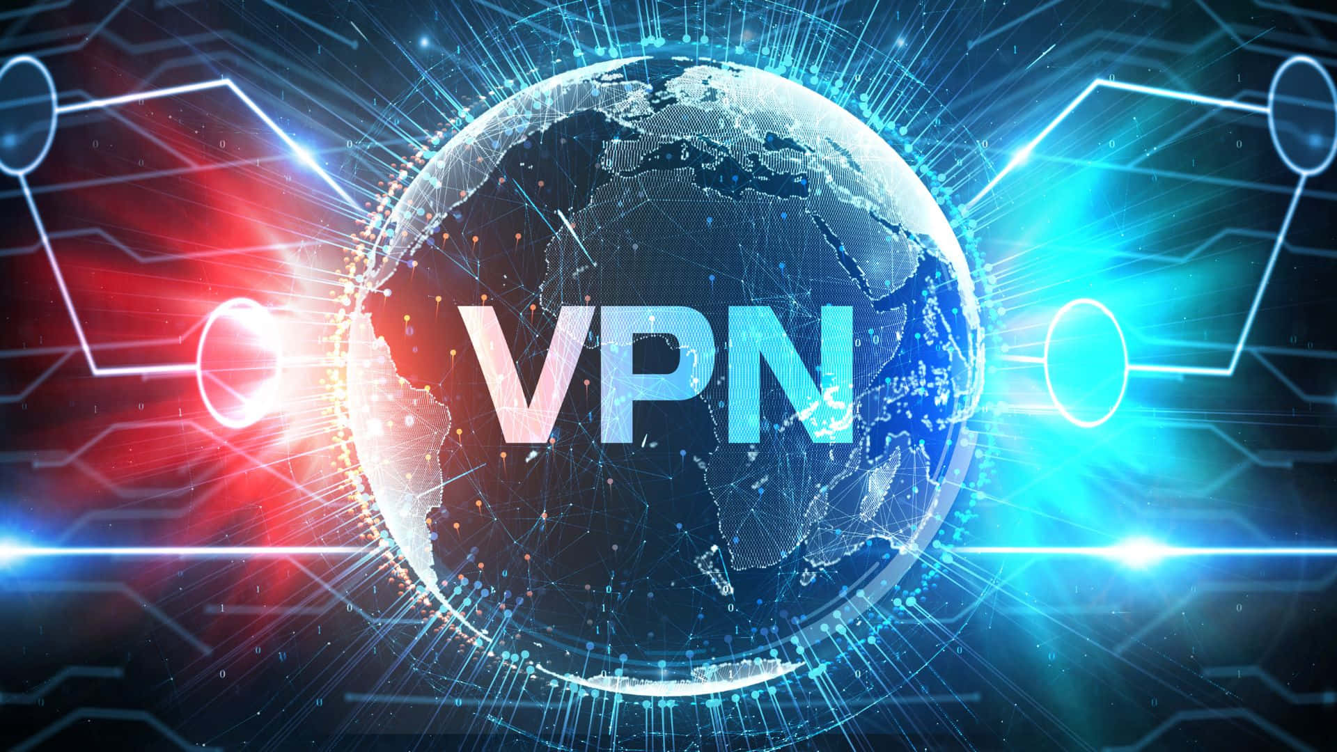 VPN, glowing digital globe, neon circuit lines, Full HD Desktop Wallpaper