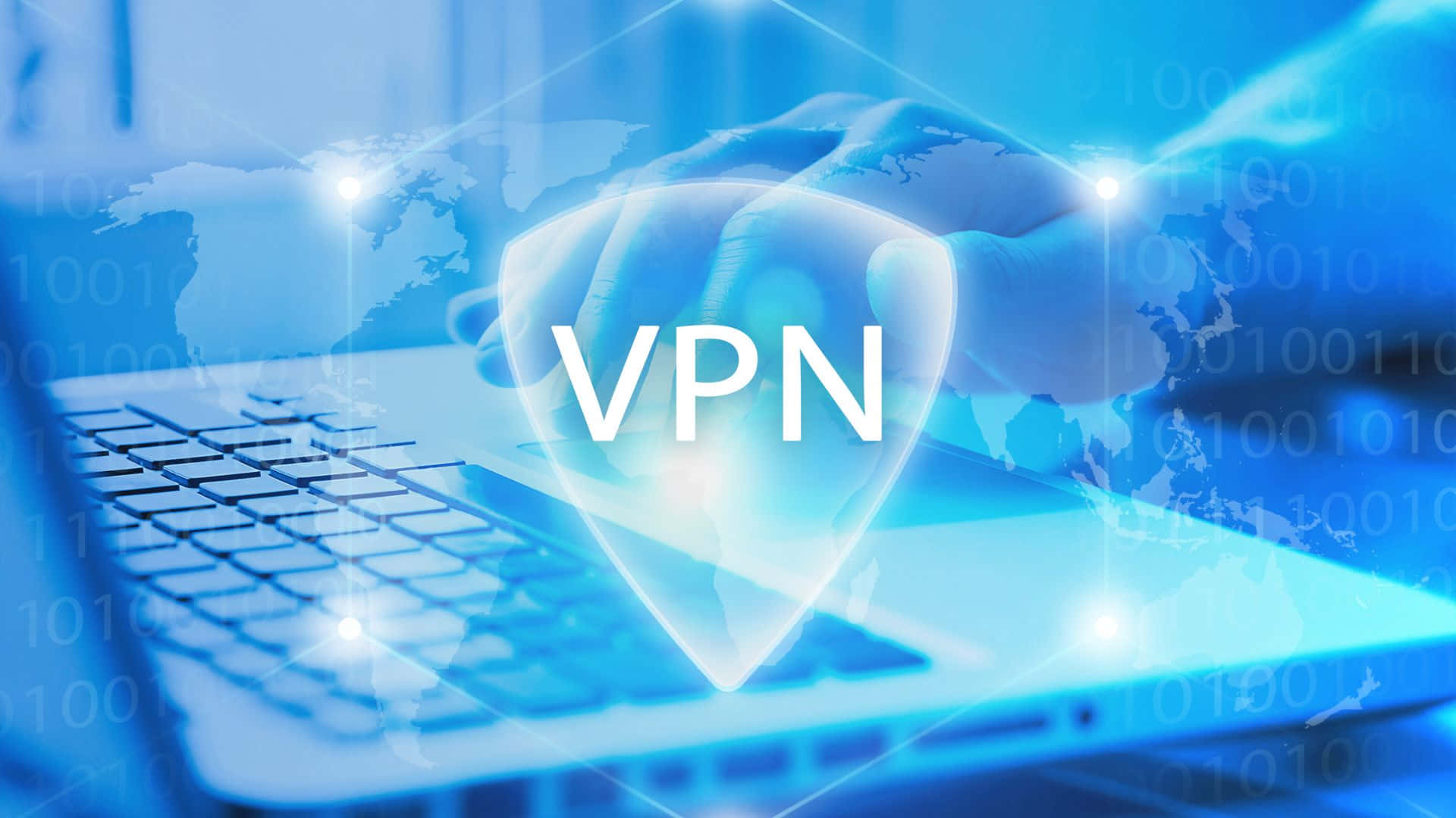 VPN, glowing blue shield, laptop keyboard, Full HD Desktop Wallpaper