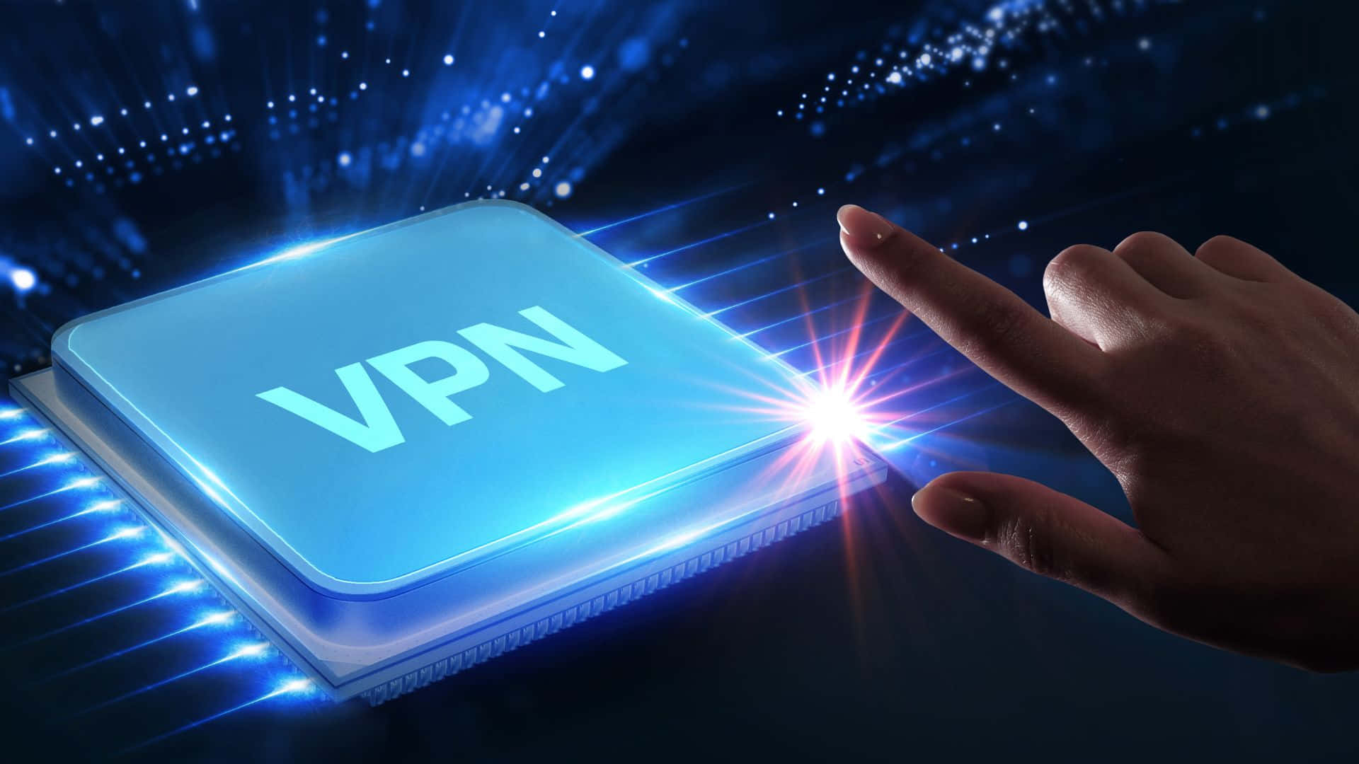 VPN, glowing blue VPN chip, starry digital background, Full HD Desktop Wallpaper