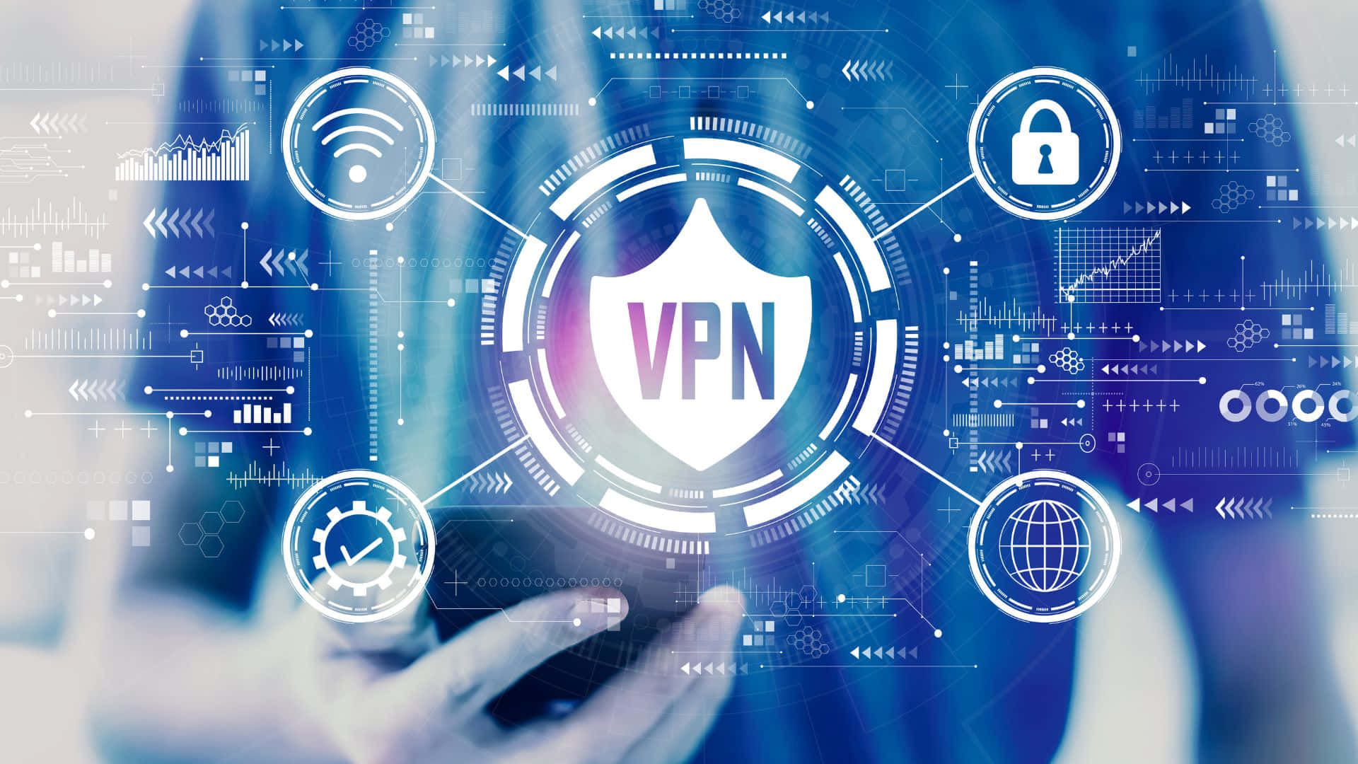 VPN icon, glowing blue holographic interface, VPN shield, Full HD Desktop Wallpaper