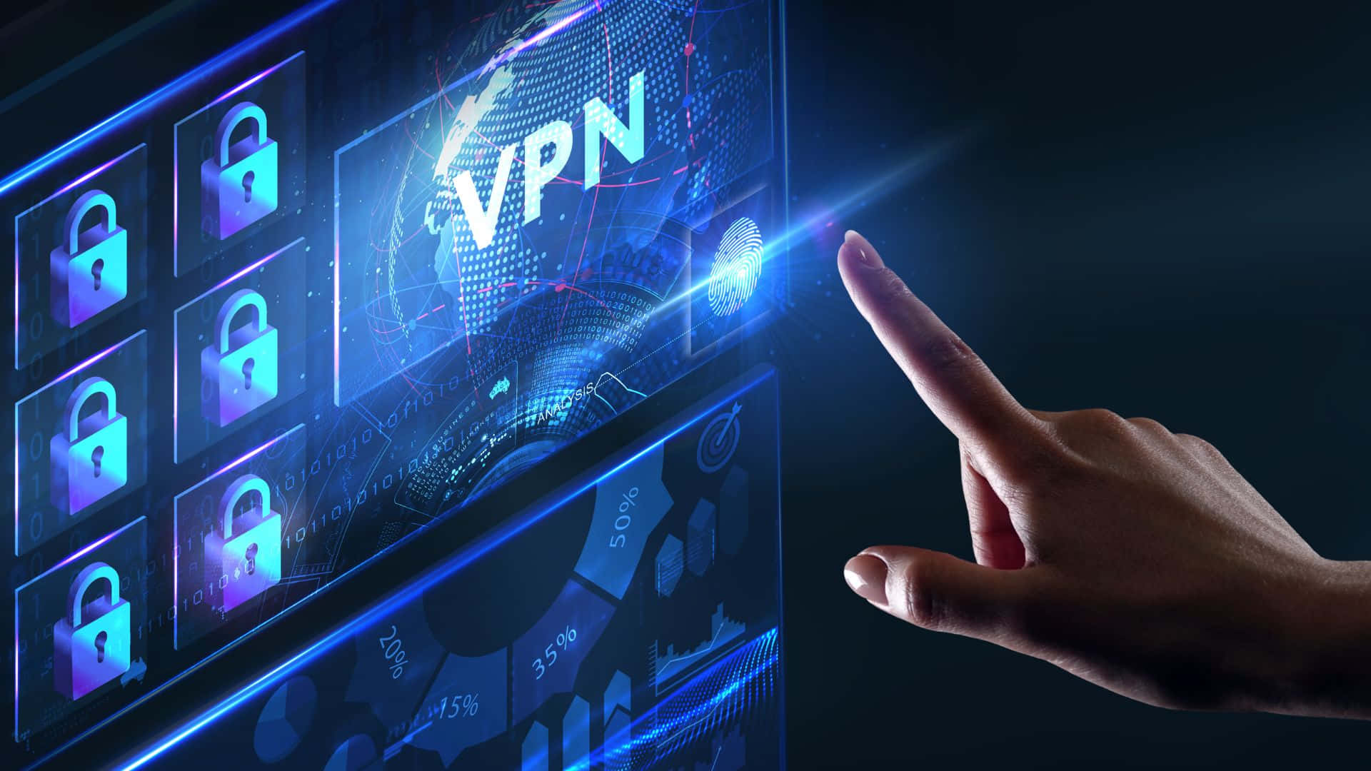 VPN icon, glowing blue holographic interface, computer screen, Full HD Desktop Wallpaper