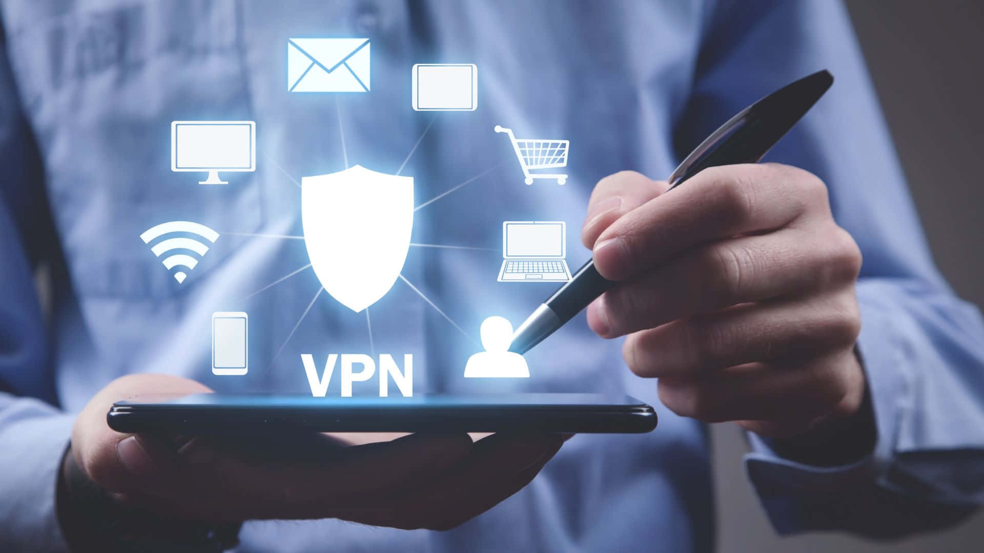 VPN icon, glowing VPN icons, tablet, Full HD Desktop Wallpaper