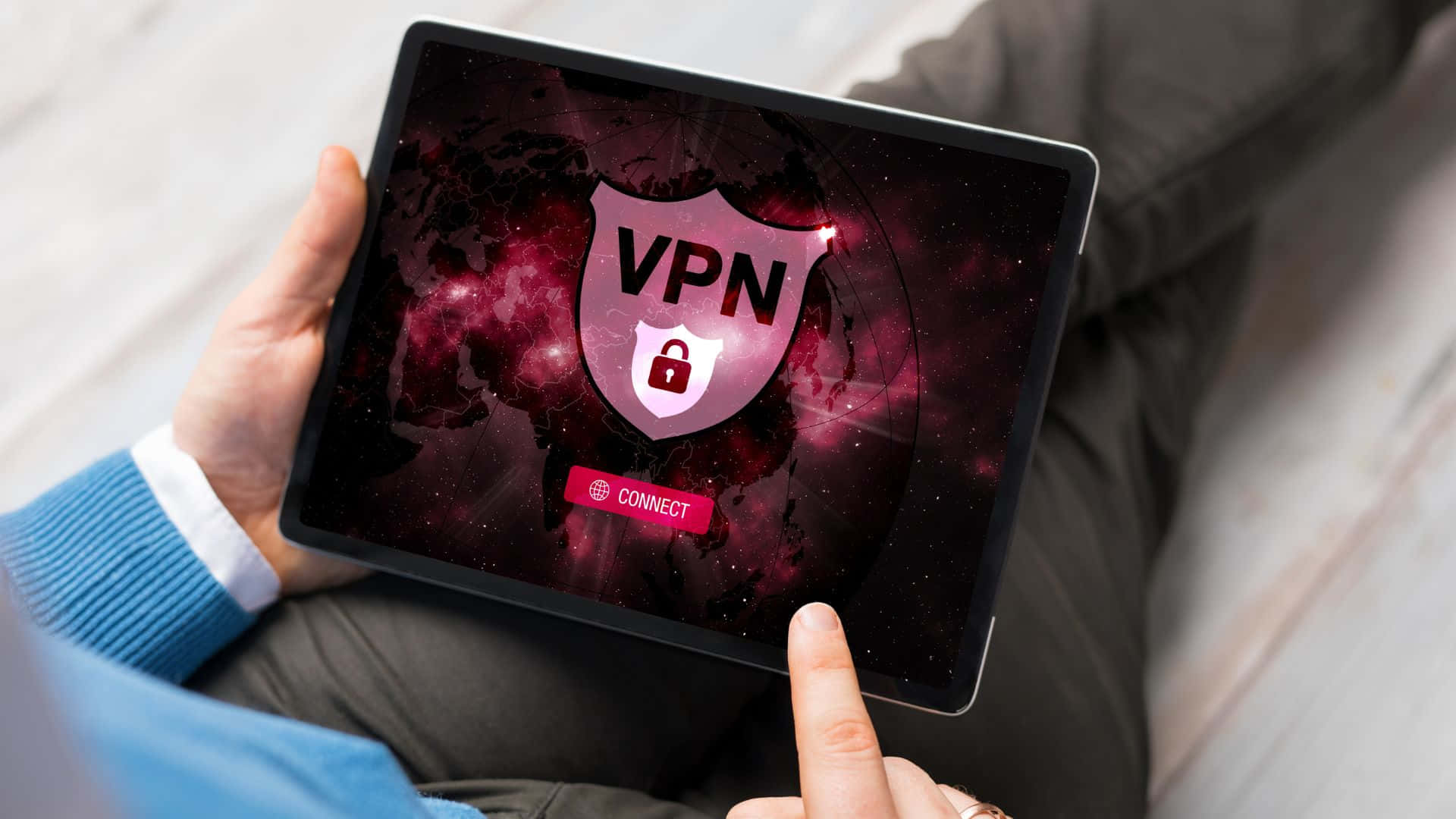 VPN shield icon, cosmic world map, red connect button, Full HD Desktop Wallpaper