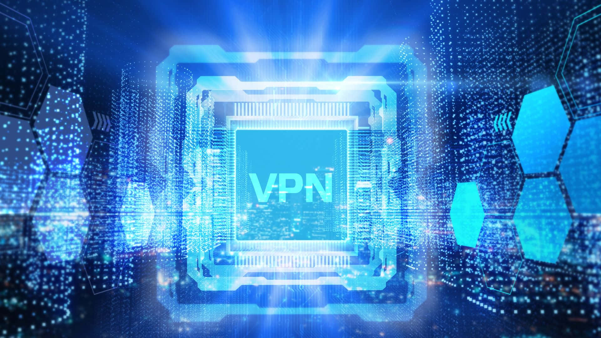 VPN, glowing blue, hexagonal data streams, Full HD Desktop Wallpaper