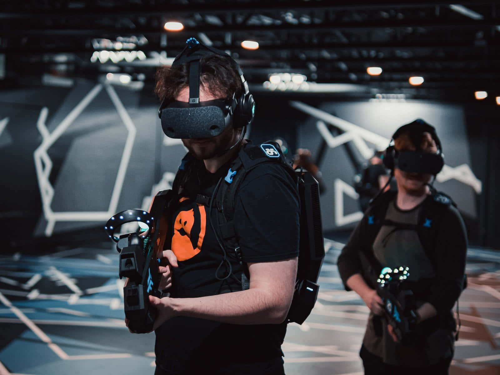 VR Gaming, motion controllers, dimly lit arena, HD Desktop Wallpaper