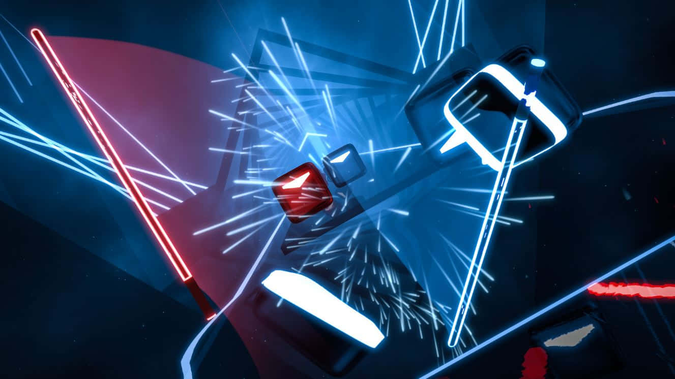 futuristic spaceship, glowing red and blue energy beams, dark cosmic void, HD Desktop Wallpaper