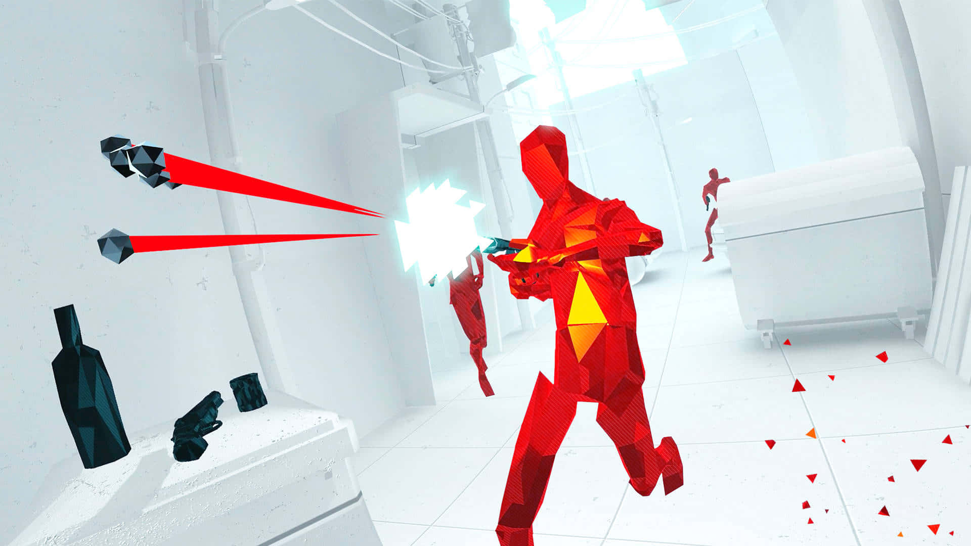 VR technology, futuristic corridor, glowing red beams, Full HD Desktop Wallpaper