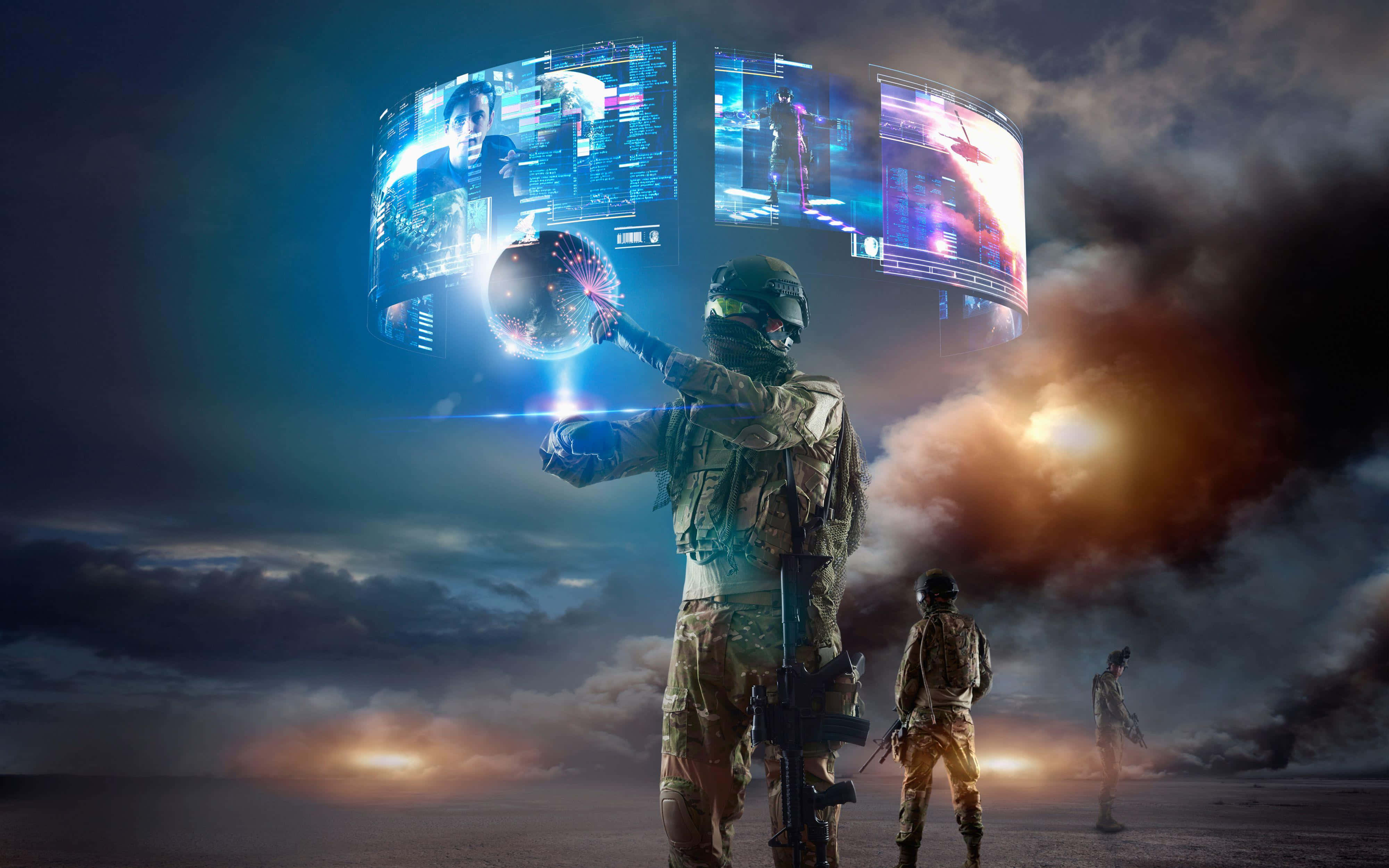 VR Games 4000, futuristic gear, smoky desert battlefield, 4K Desktop Wallpaper