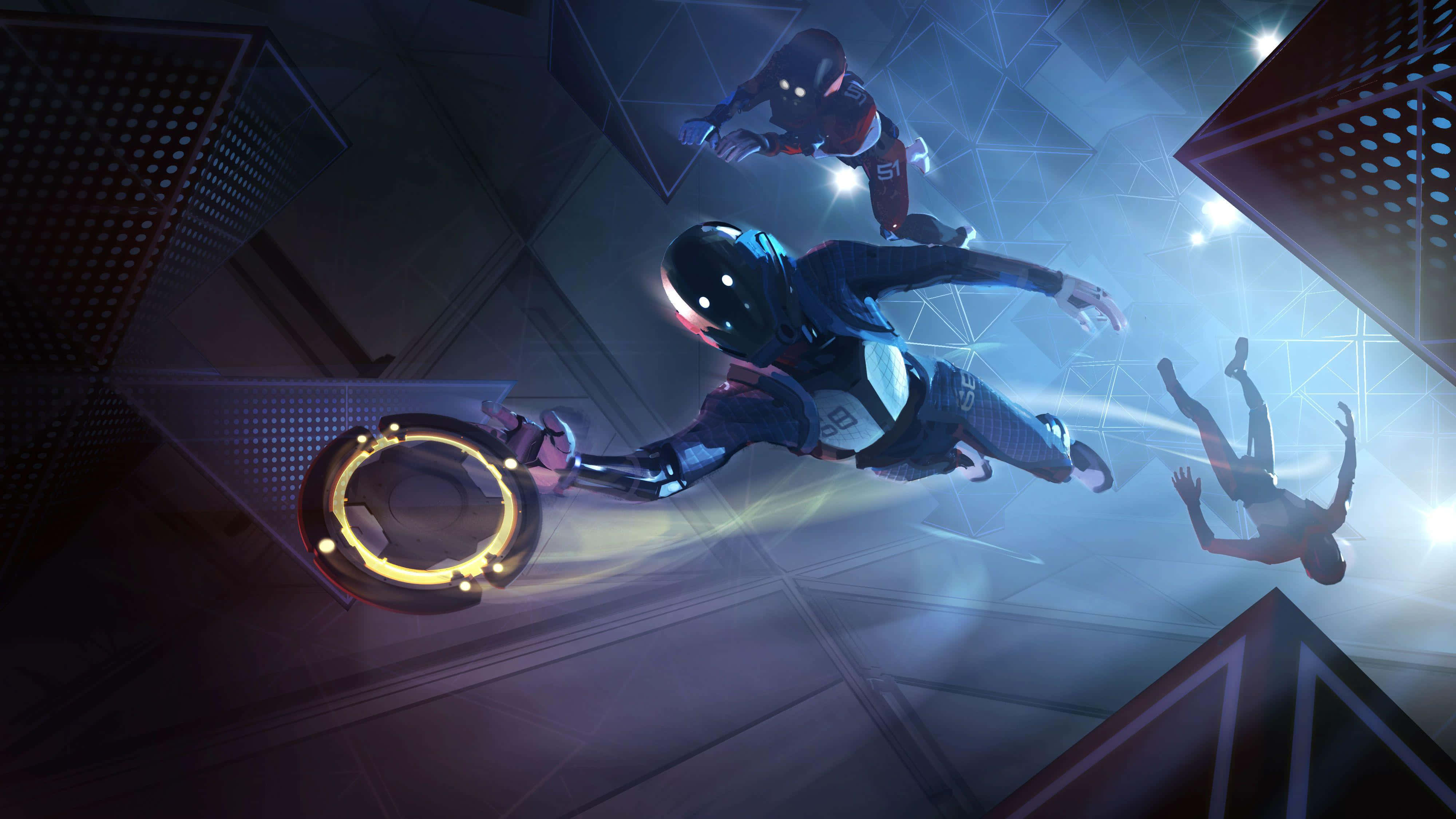 VR Games 4000 x 2250, glowing suit, neon-lit geometric arena, 4K Desktop Wallpaper