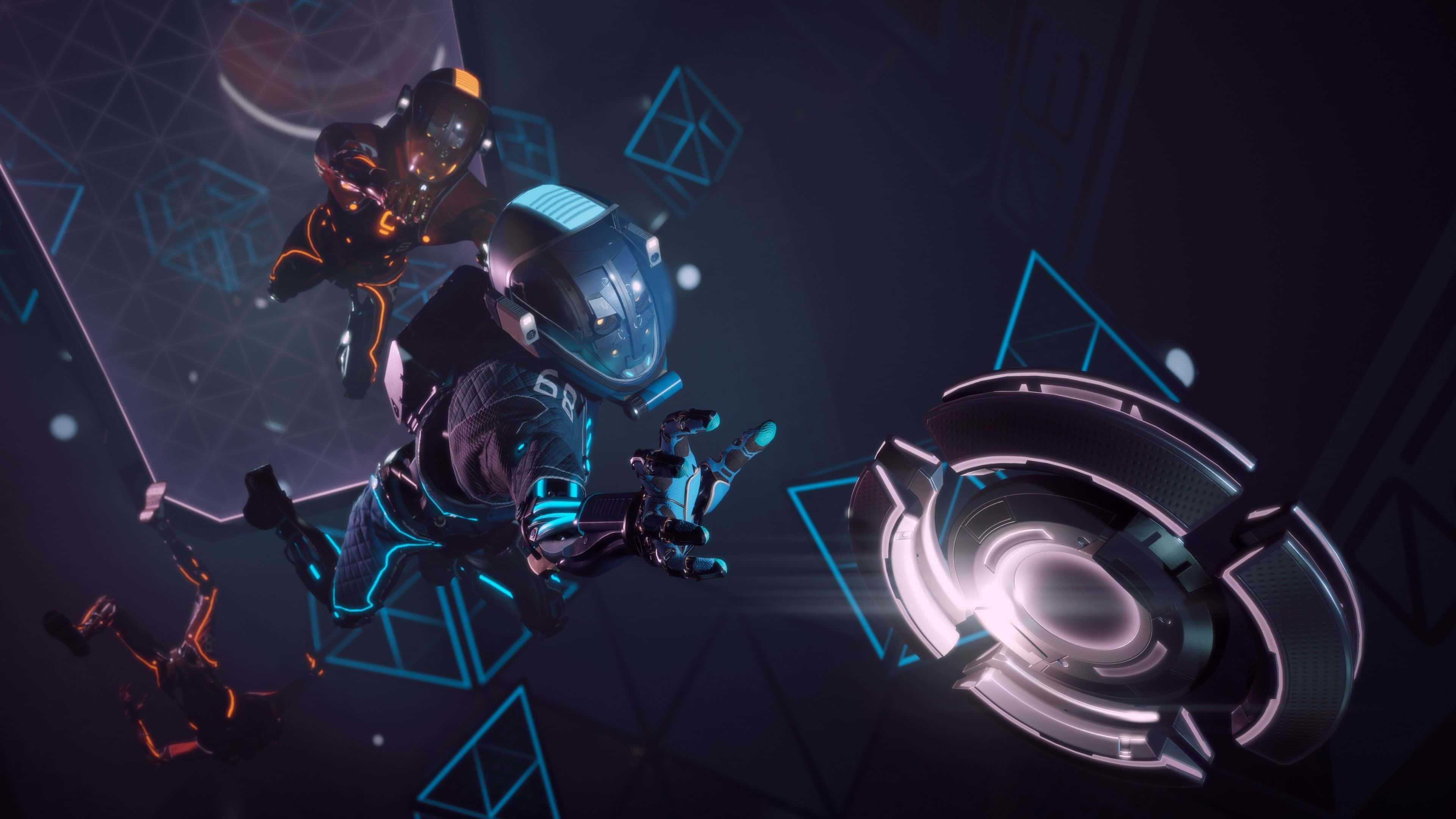 neon-lit futuristic astronauts, glowing geometric patterns, radiant circular portal, 4K Desktop Wallpaper