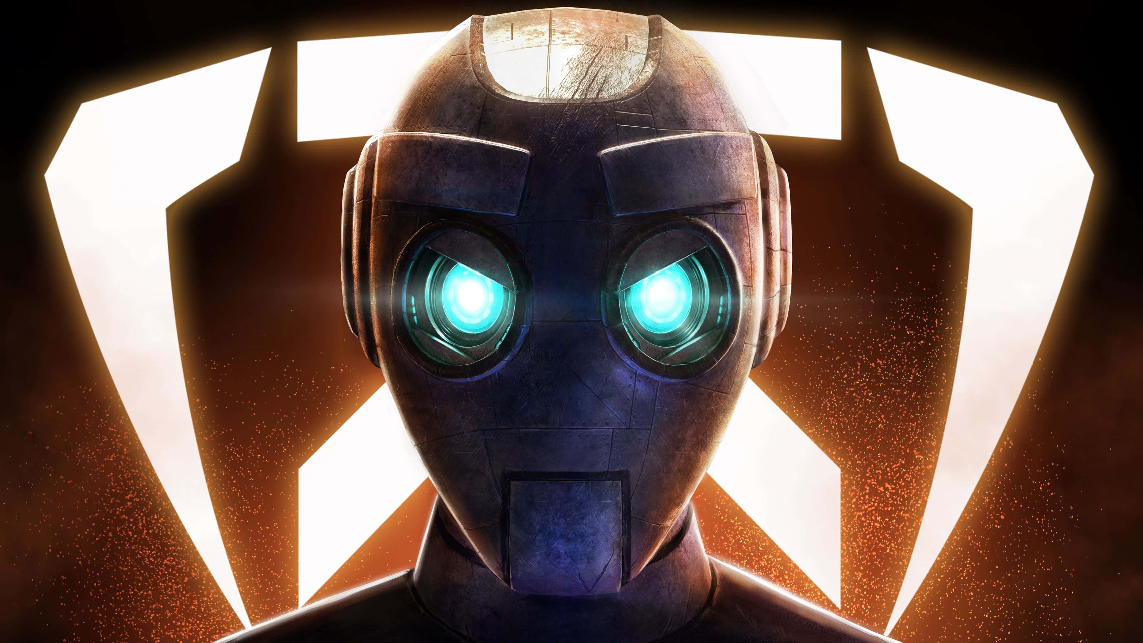 VR Games, glowing cyan eyes, radiant white geometric emblem, 4K Desktop Wallpaper