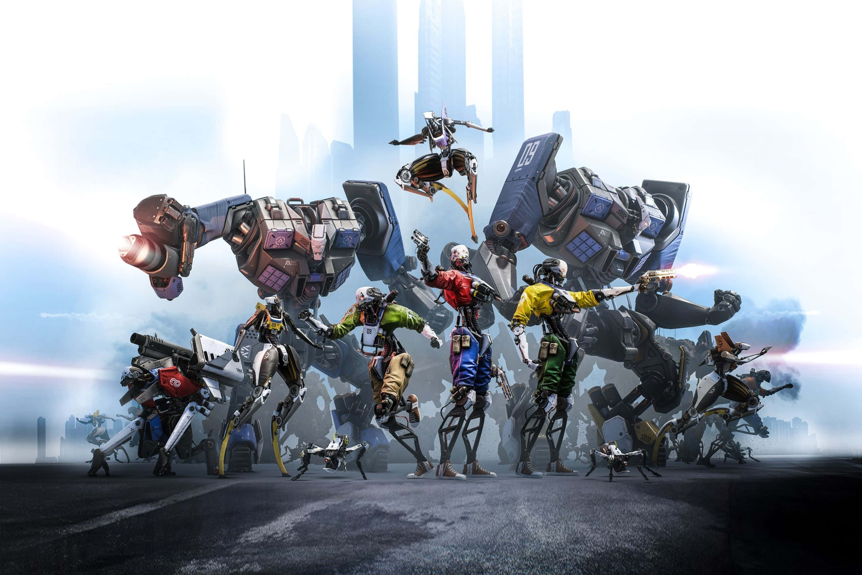 VR Games 3000, futuristic mech pilots, giant robots, 2K Desktop Wallpaper