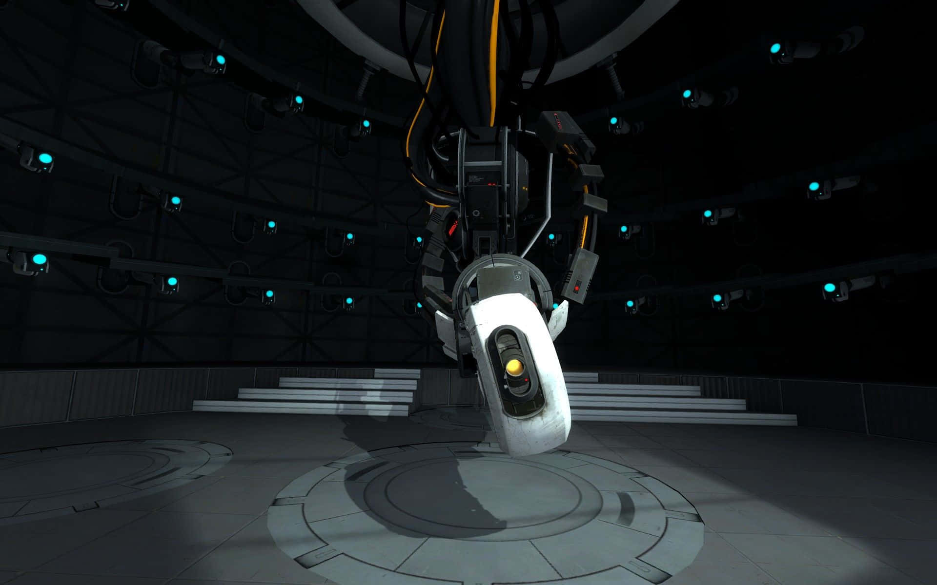 white spherical robot, glowing yellow eye, dark futuristic testing chamber, Full HD Desktop Wallpaper