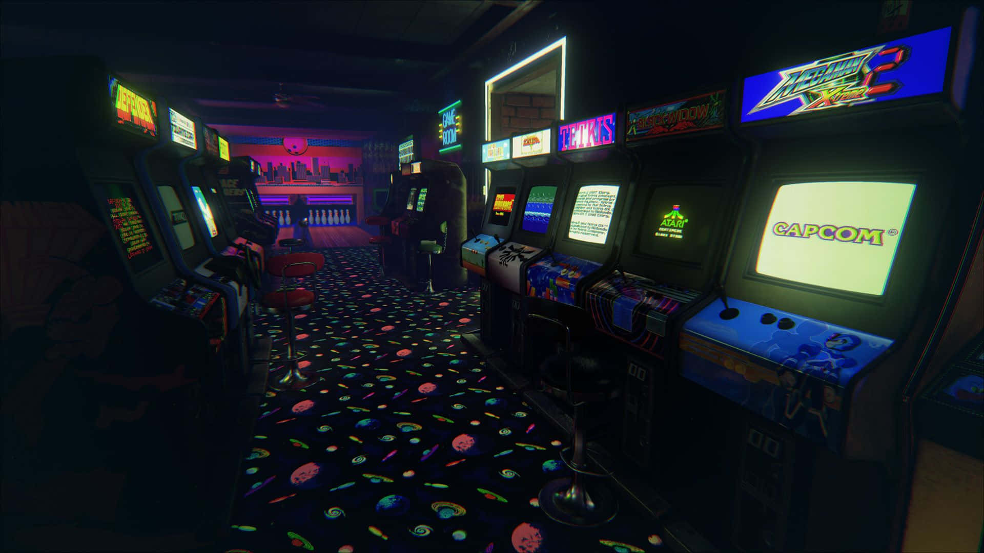 VR Games, retro arcade, glowing cabinets, Full HD Desktop Wallpaper