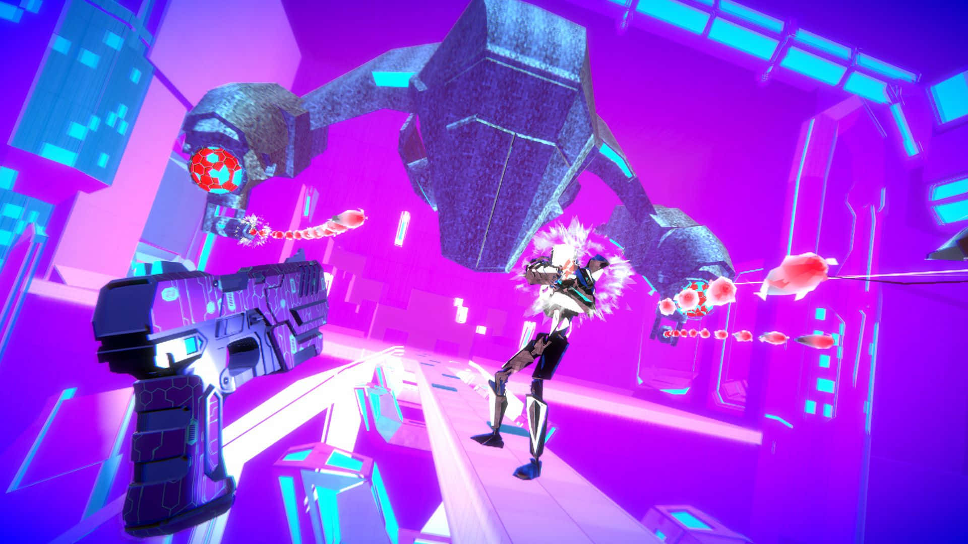futuristic anime character, giant robot, neon-lit cyberpunk corridor, Full HD Desktop Wallpaper
