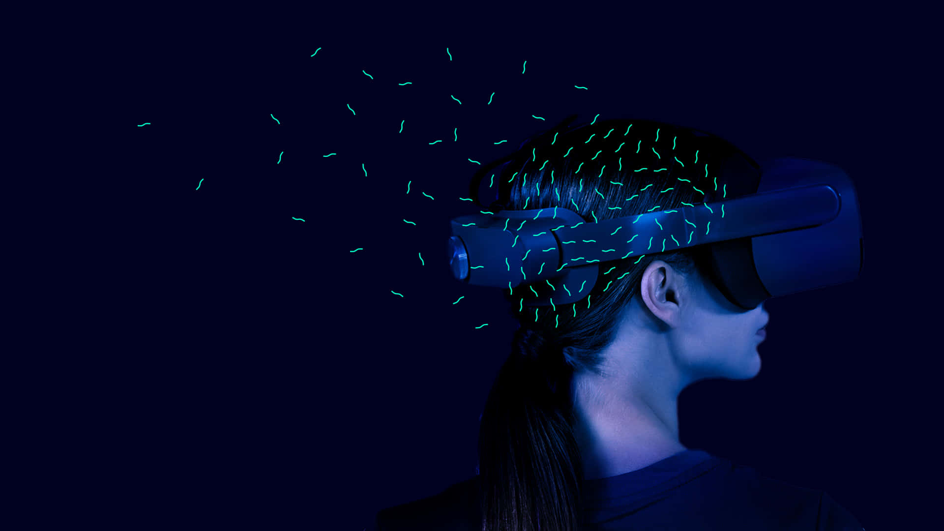 VR Gaming, glowing green digital particles, dark blue background, Full HD Desktop Wallpaper