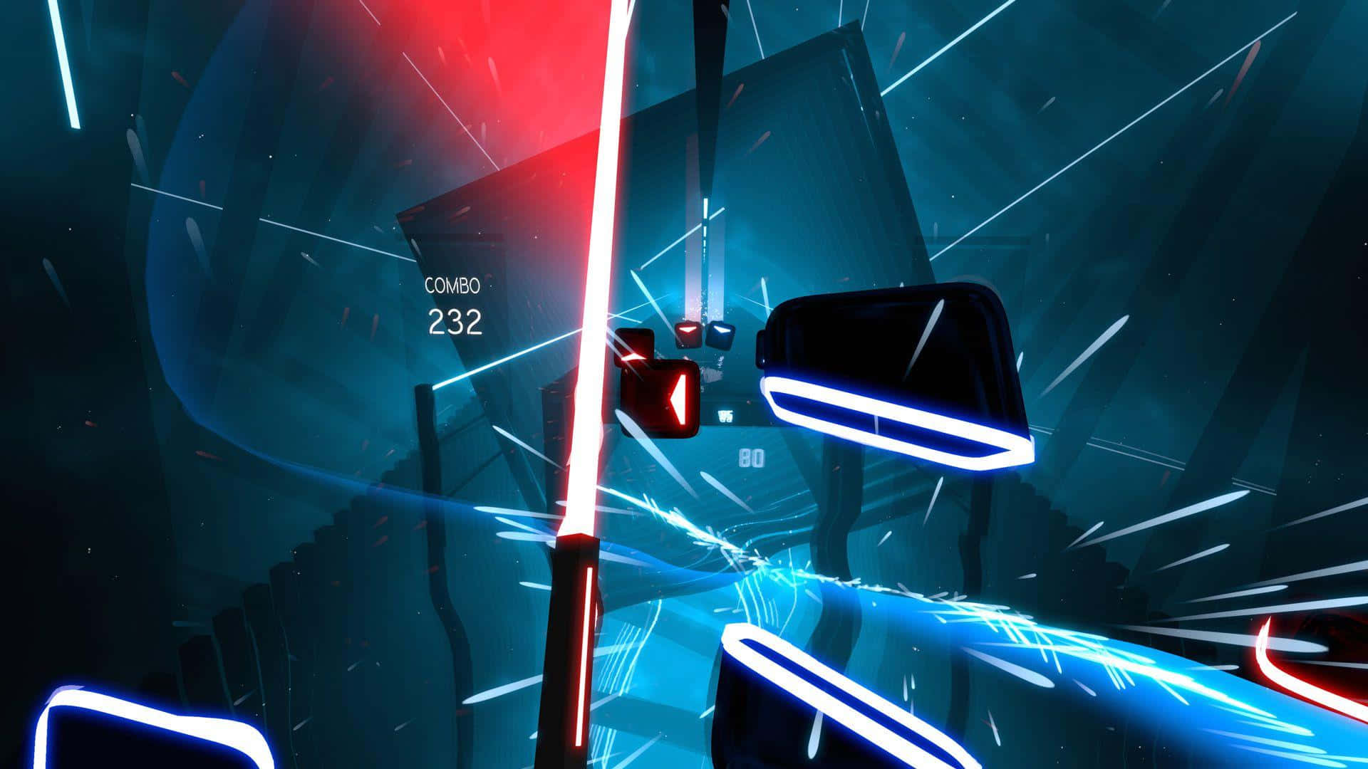 VR Gaming, neon-lit futuristic game scene, glowing red and blue laser beams, Full HD Desktop Wallpaper