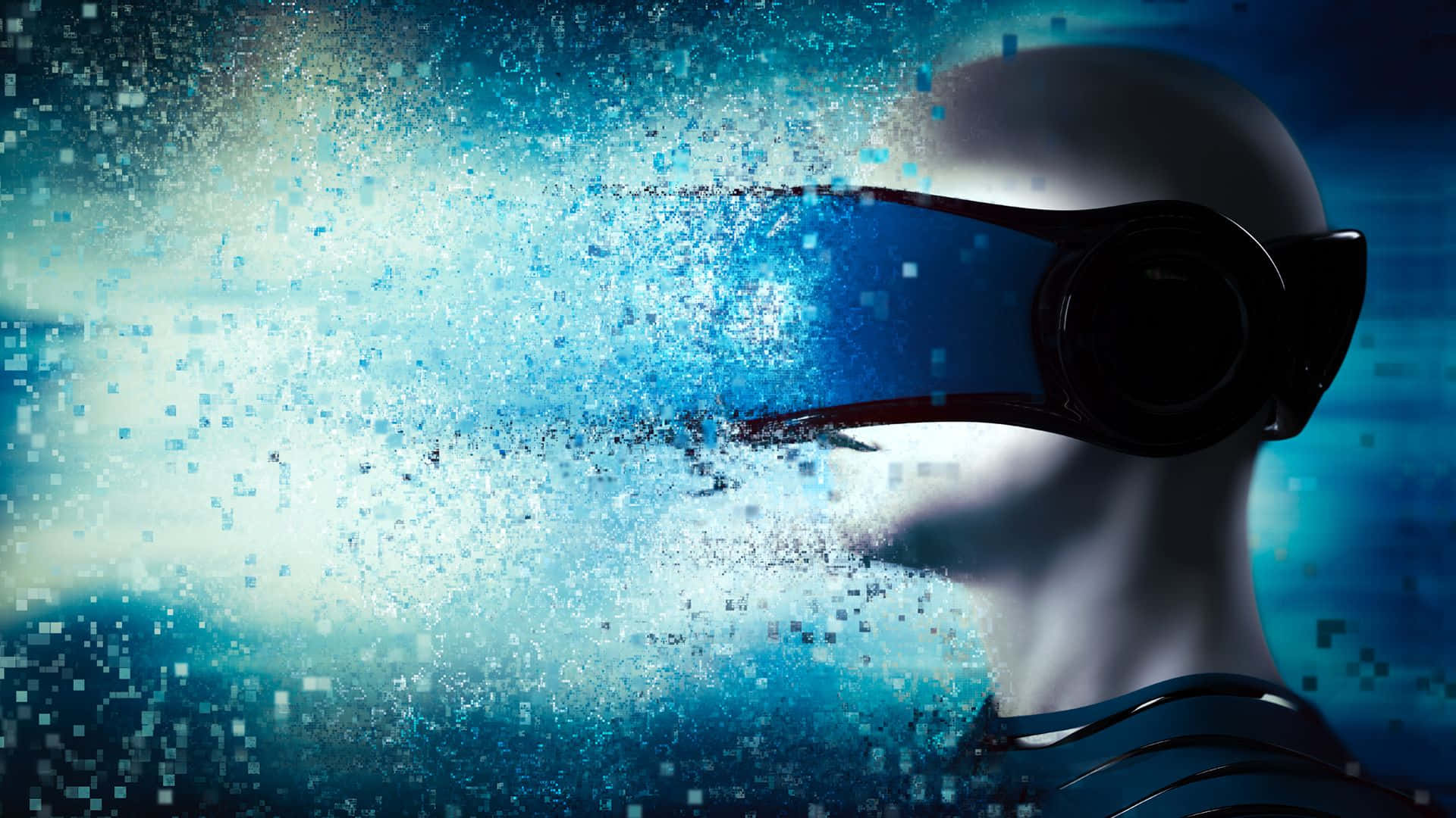 VR, futuristic humanoid figure, glowing blue digital particles, Full HD Desktop Wallpaper