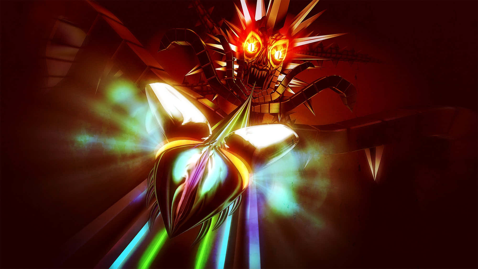 VR Gaming, spiky creature, glowing red eyes, Full HD Desktop Wallpaper
