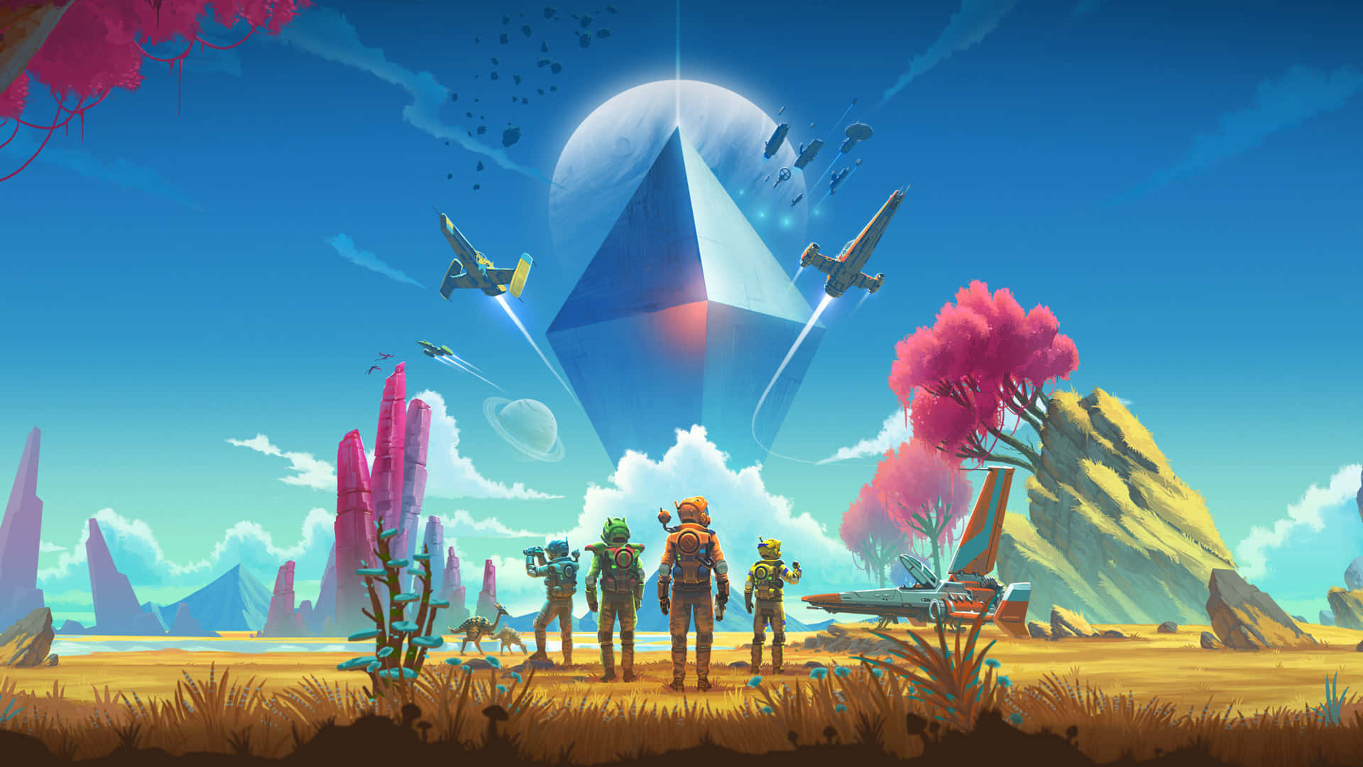 VR Gaming, giant glowing pyramid, vibrant alien planet, Full HD Desktop Wallpaper