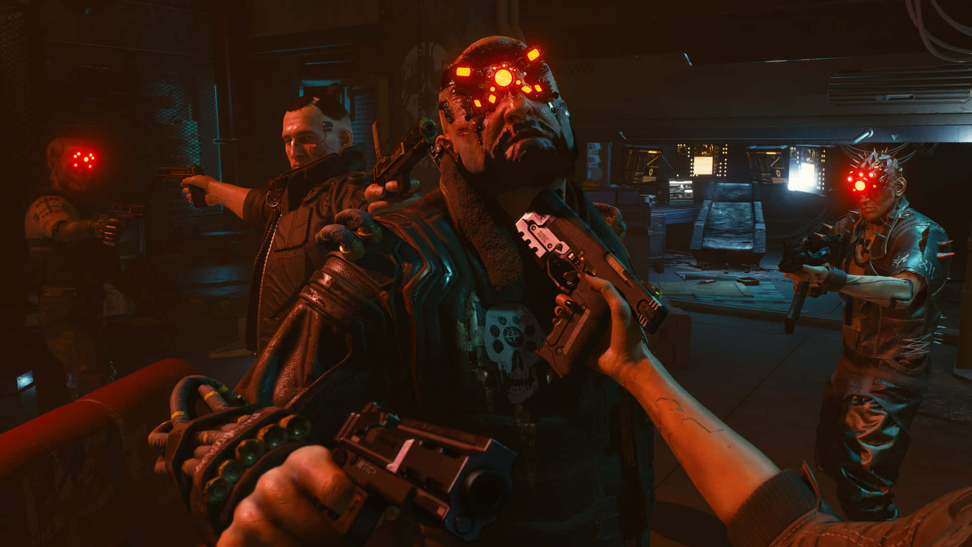 VR Room, cyberpunk scene, three armed figures, Full HD Desktop Wallpaper
