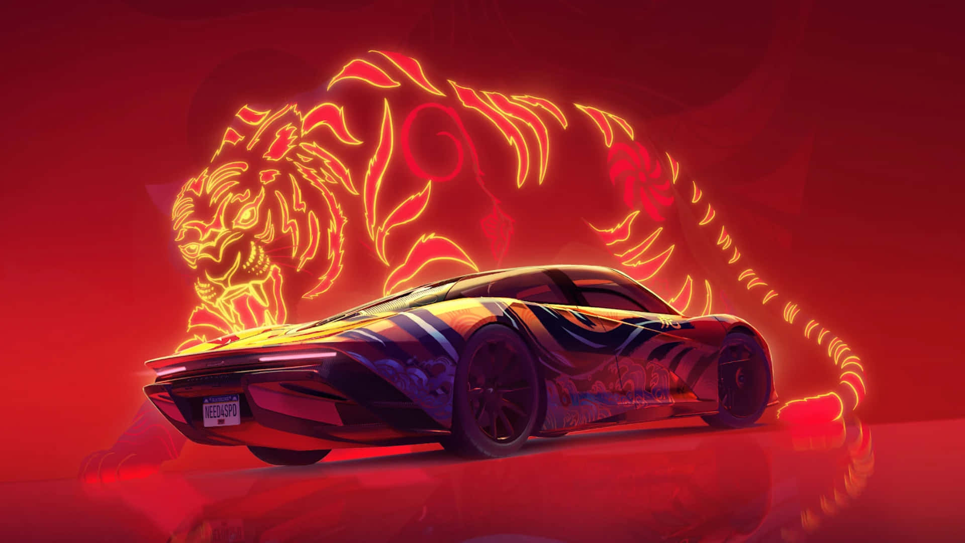 VR Gaming, futuristic sports car, fiery tiger motifs, Full HD Desktop Wallpaper
