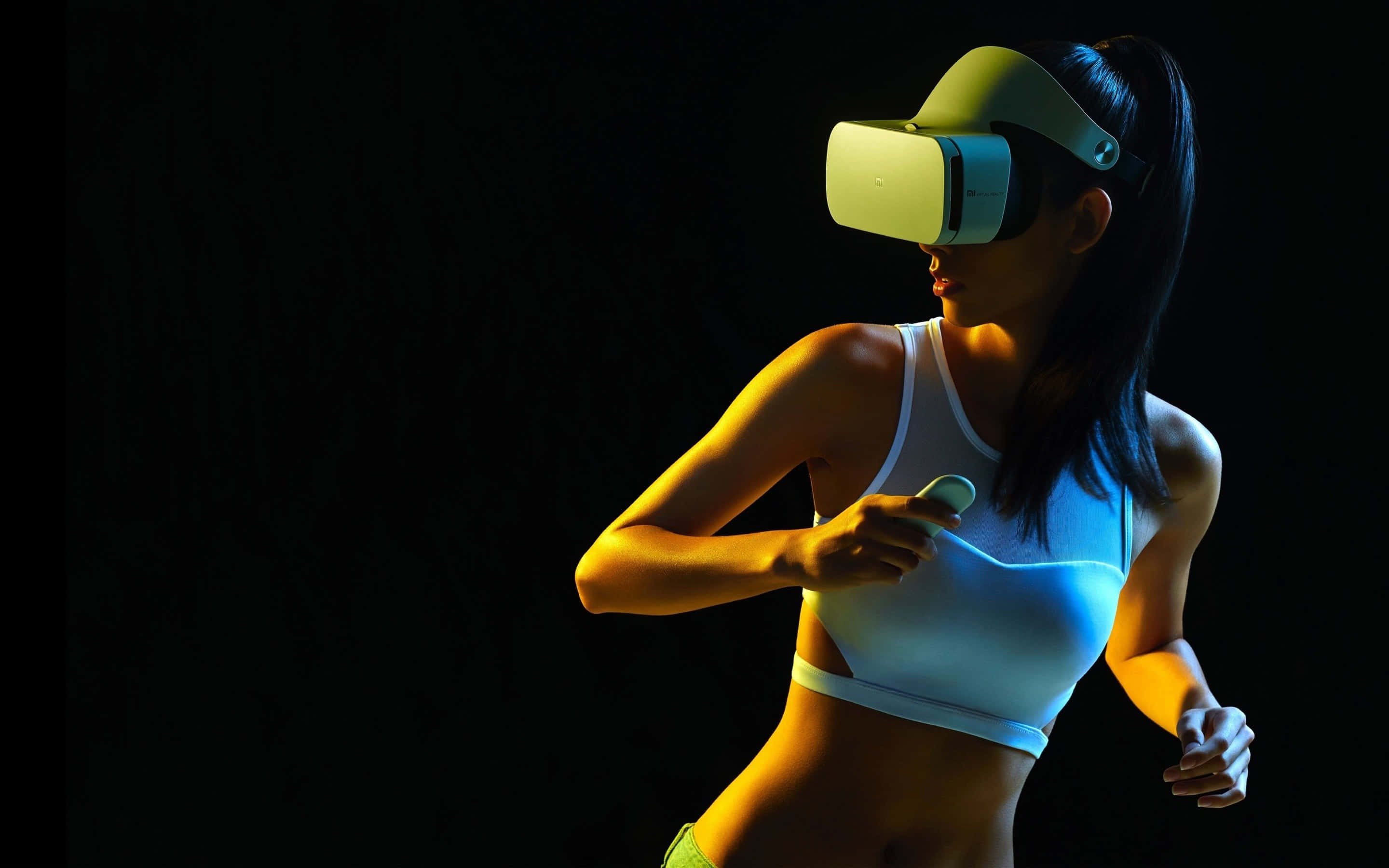 VR Gaming, neon lighting, black background, 2K Desktop Wallpaper