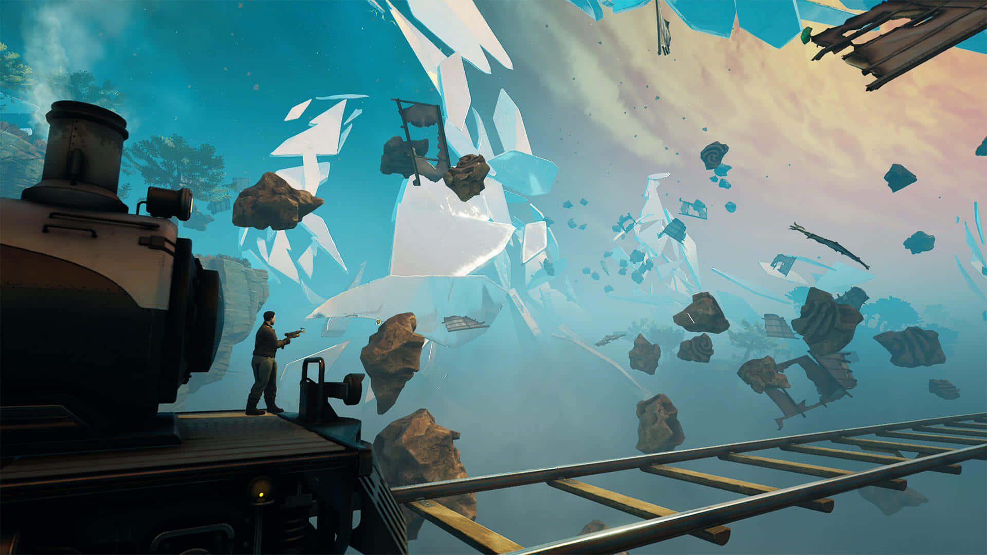 VR Gaming, train engine, massive floating rocks, Full HD Desktop Wallpaper