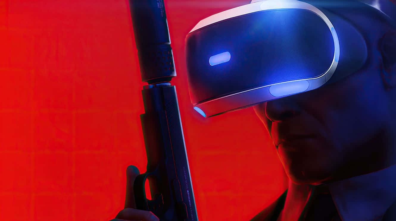 VR headset, futuristic gun, glowing red background, HD Desktop Wallpaper
