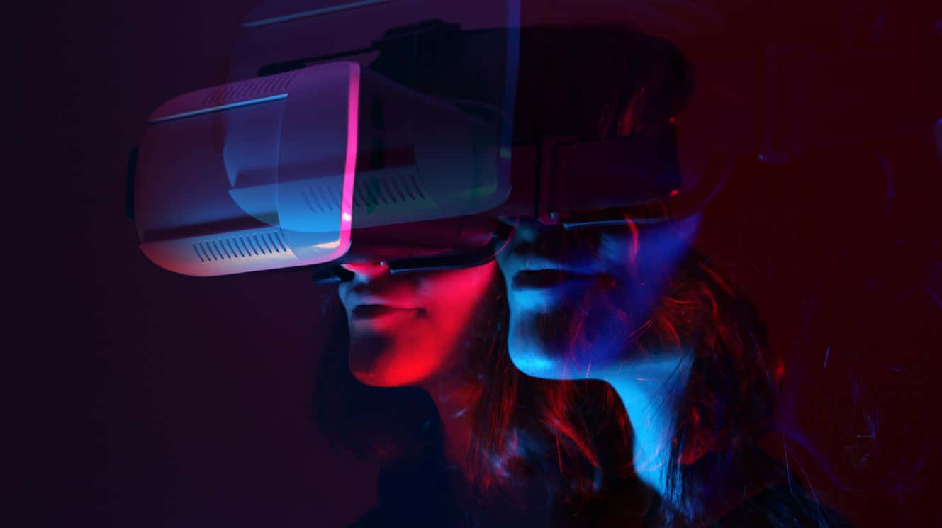 VR headset, vibrant red and blue neon light, dark background, HD Desktop Wallpaper