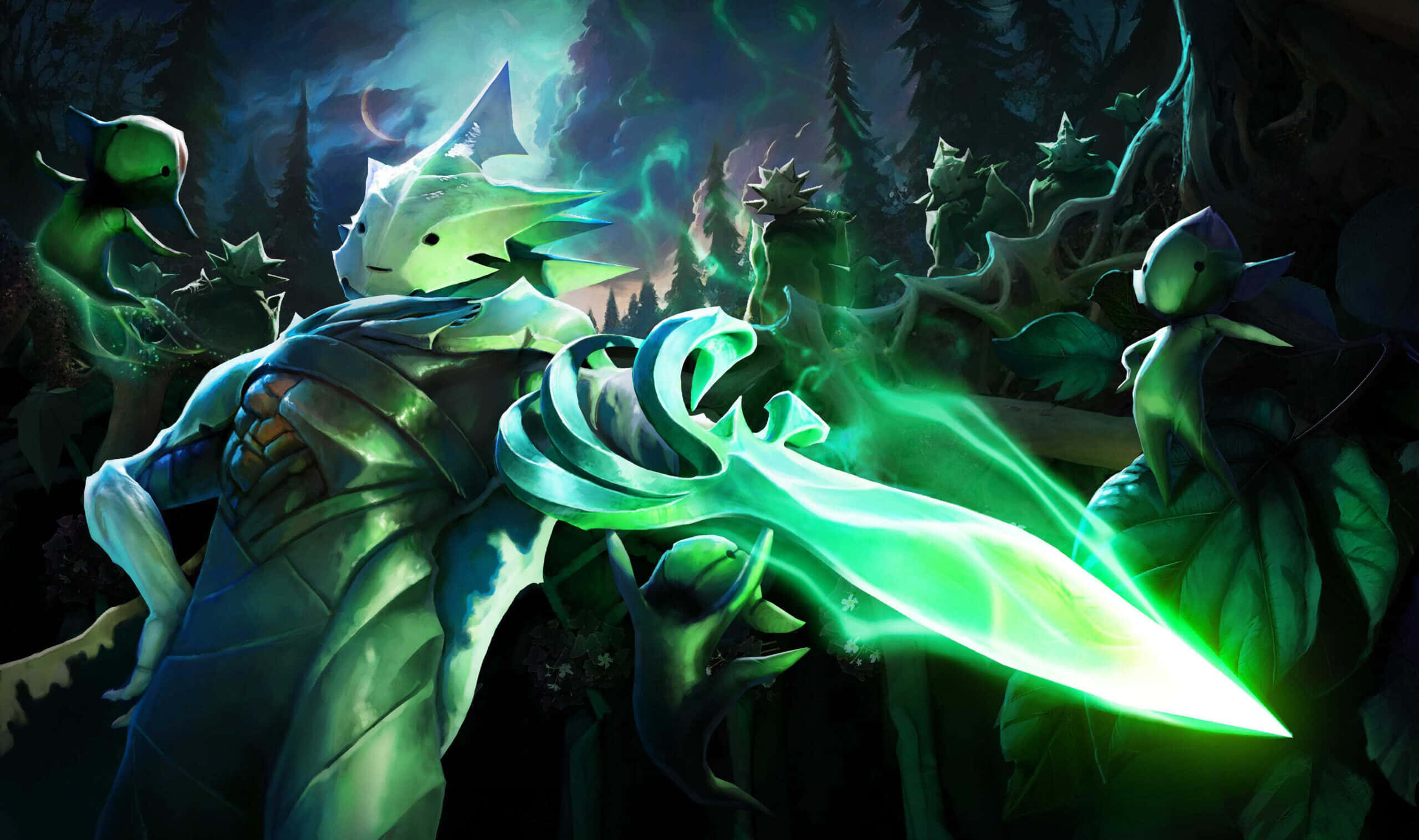 VR Gaming, glowing green armored warrior, radiant blade, 2K Desktop Wallpaper