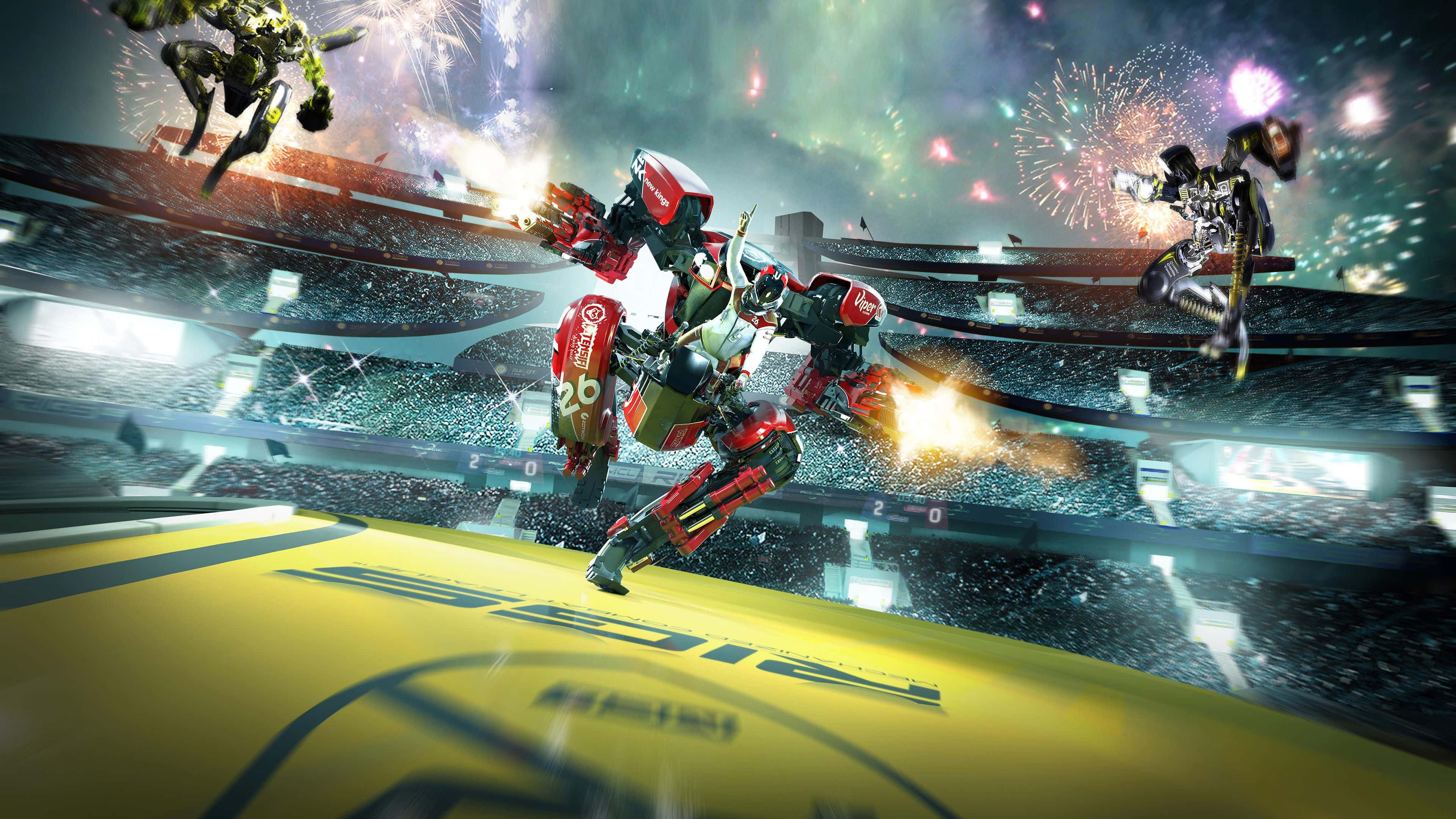 VR Gaming, giant robots, stadium, 4K Desktop Wallpaper