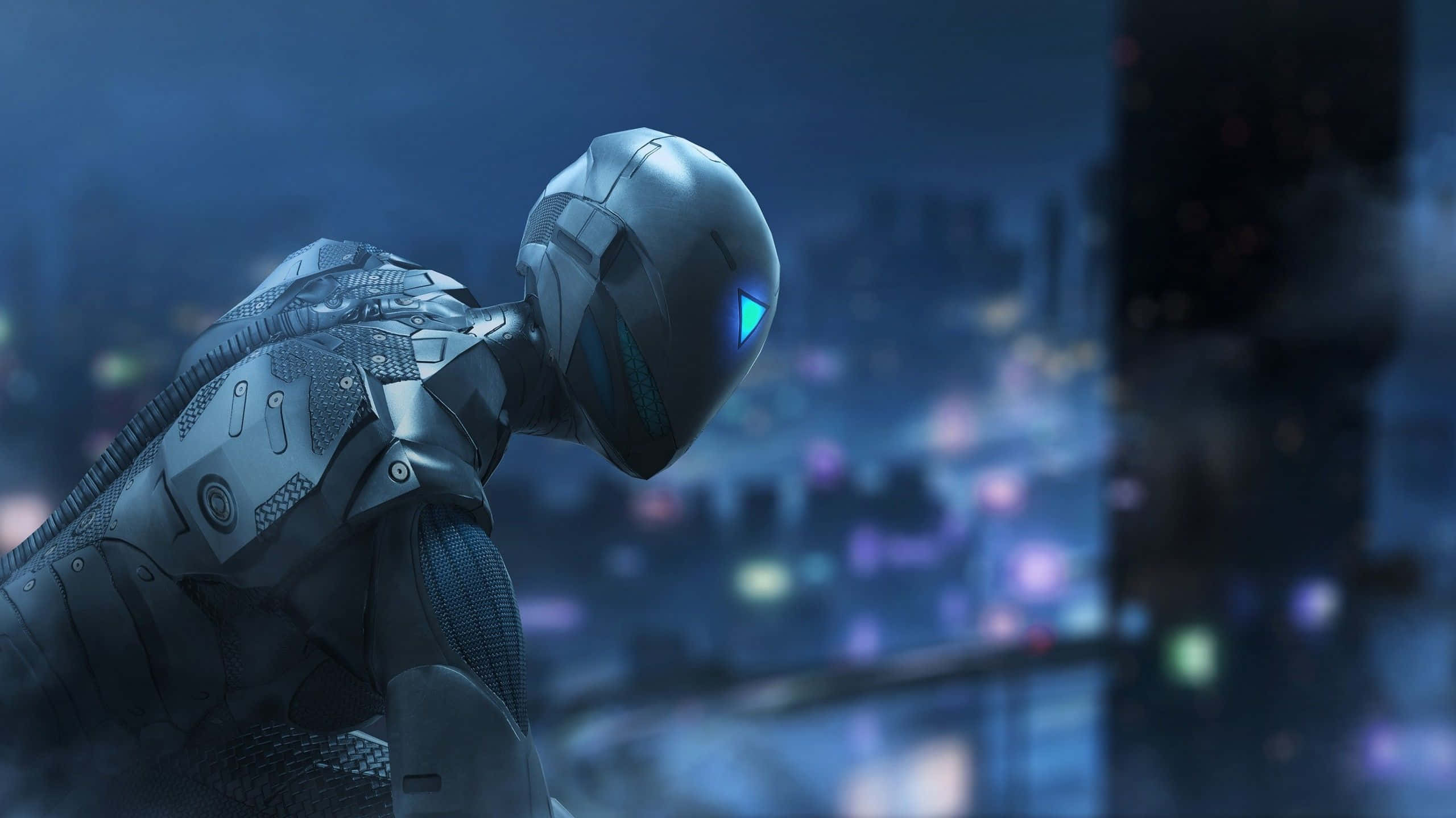 futuristic robot, glowing blue eyes, neon-lit cityscape, 2K Desktop Wallpaper