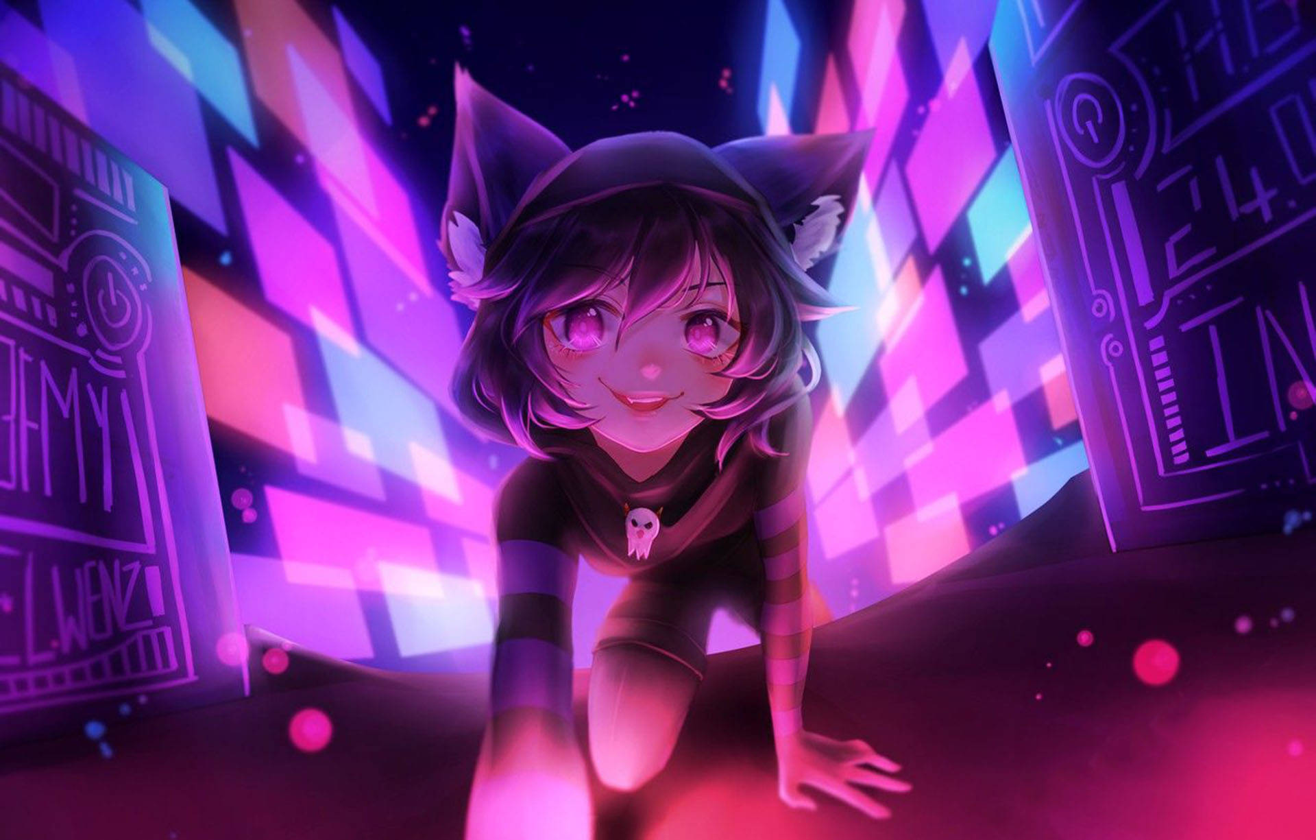 Vrchat, cat girl, neon-lit digital tunnel, Full HD Desktop Wallpaper