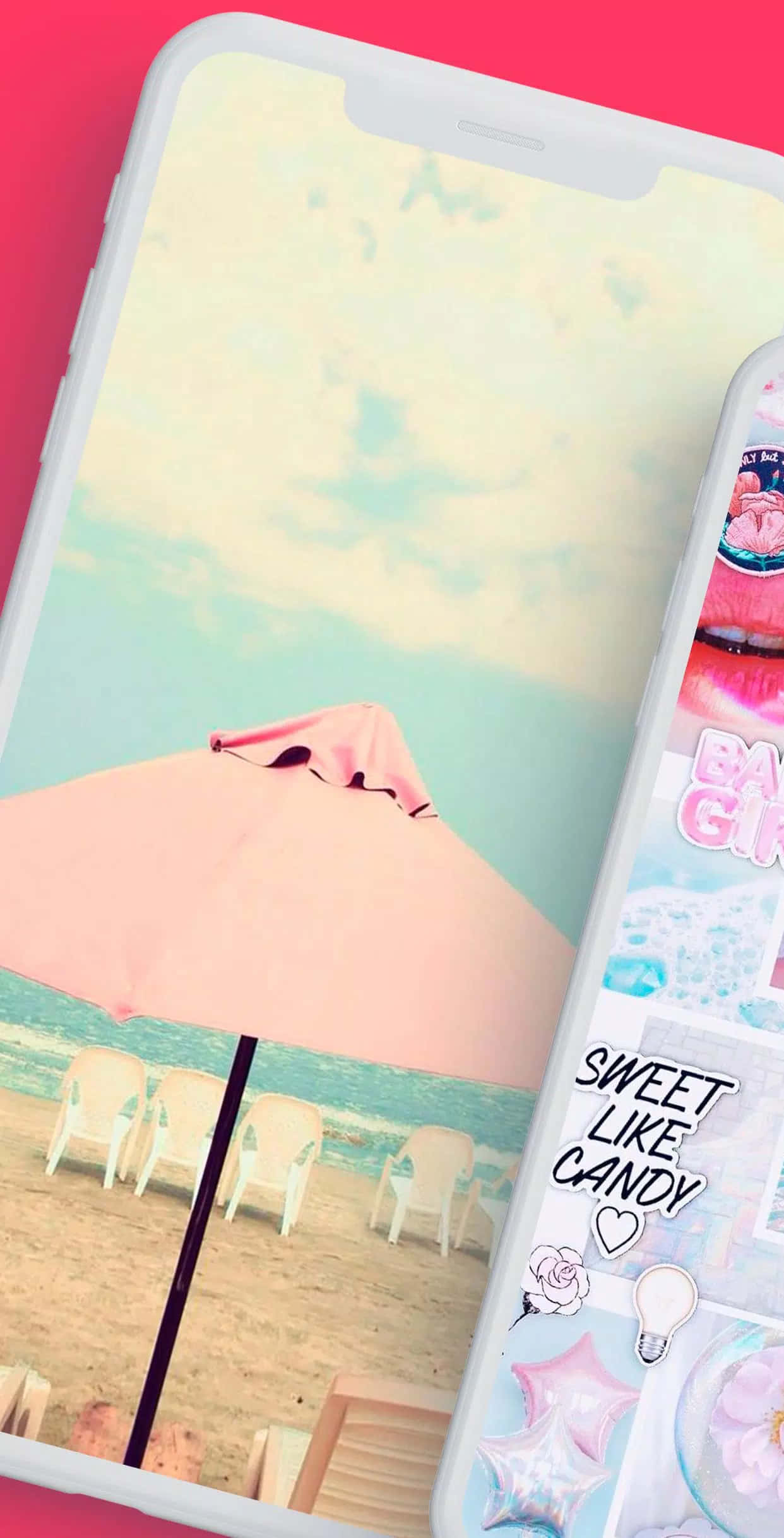 pink umbrella, pastel beach scene, soft sky, Full HD Phone Wallpaper