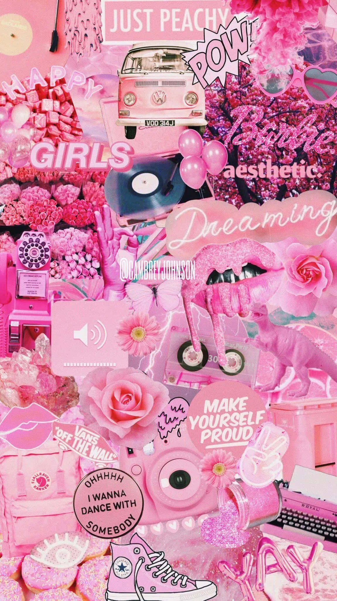 pink collage, vintage van, roses, Full HD Phone Wallpaper